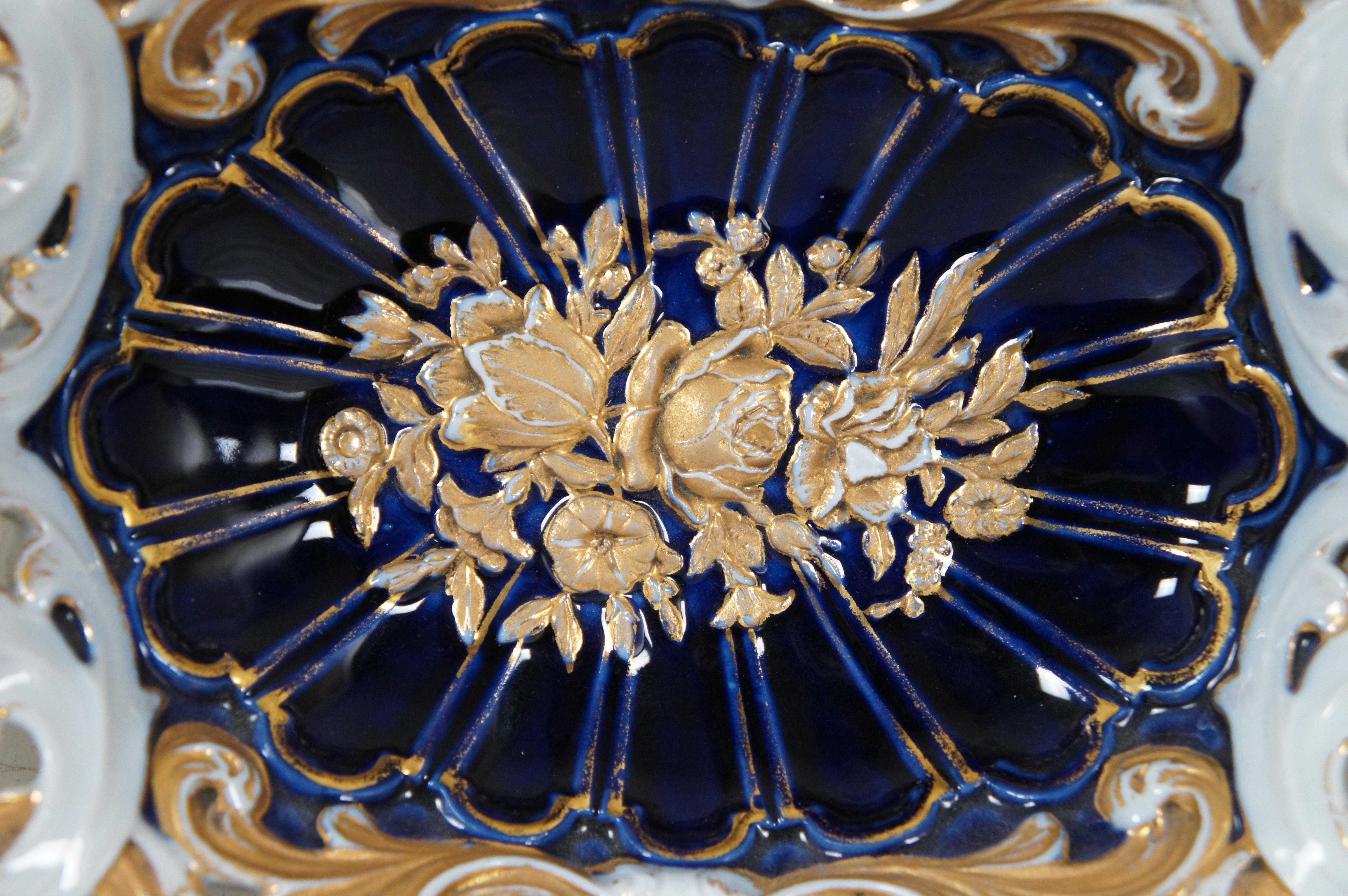Antique Dresden Meissen Cobalt Gilded Roses Reticulated Centerpiece Compote 14