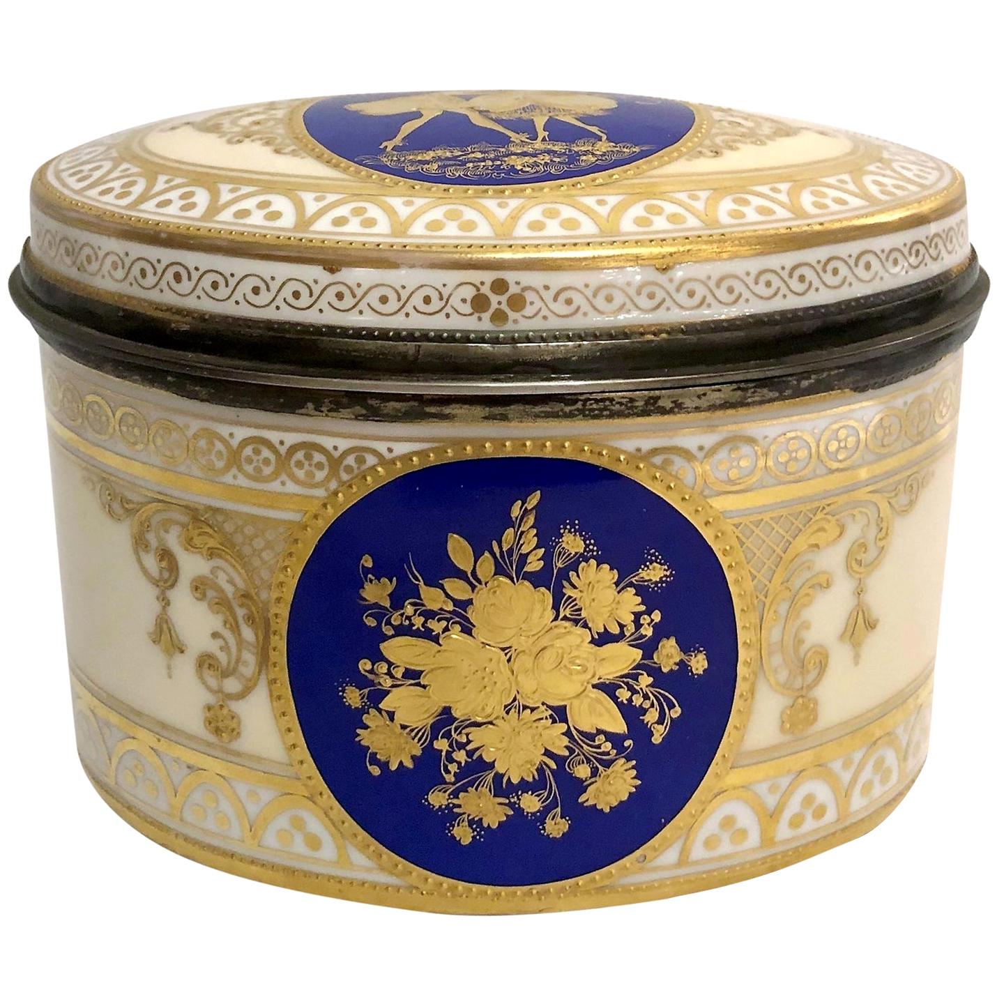 Antique Dresden Porcelain Box with Silver Interior, circa 1891-1901