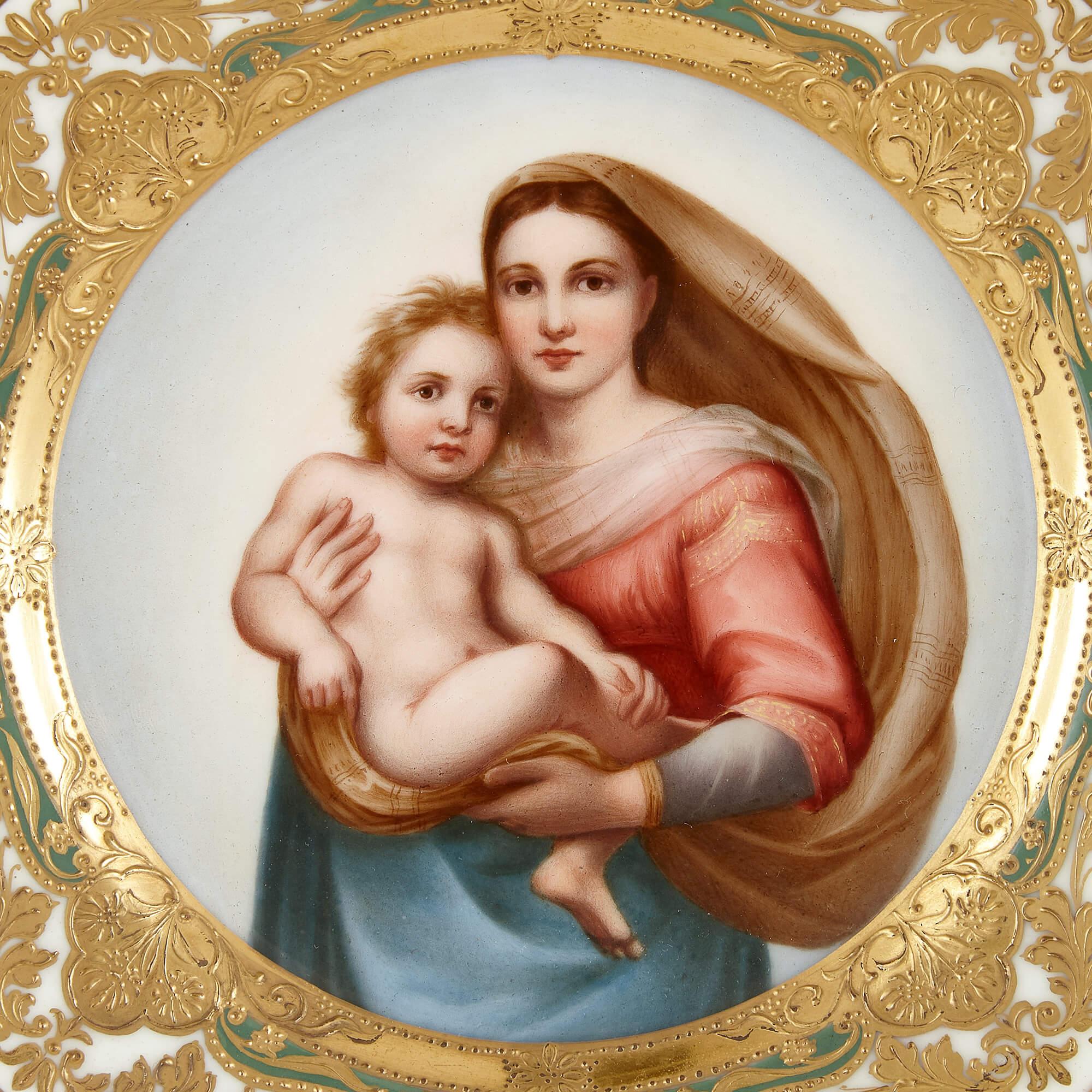 Antique Dresden porcelain cabinet plate depicting the Madonna after Raphael
German, c. 1880
Height 2.5cm, diameter 19.5cm

This finely painted Dresden porcelain cabinet plate is decorated to the centre with a copy of Raphael's Sistine Madonna, 1513.