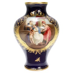 Antique Dresden Porcelain Cobalt Blue Cabinet Vase Painted with Cupid & Venus