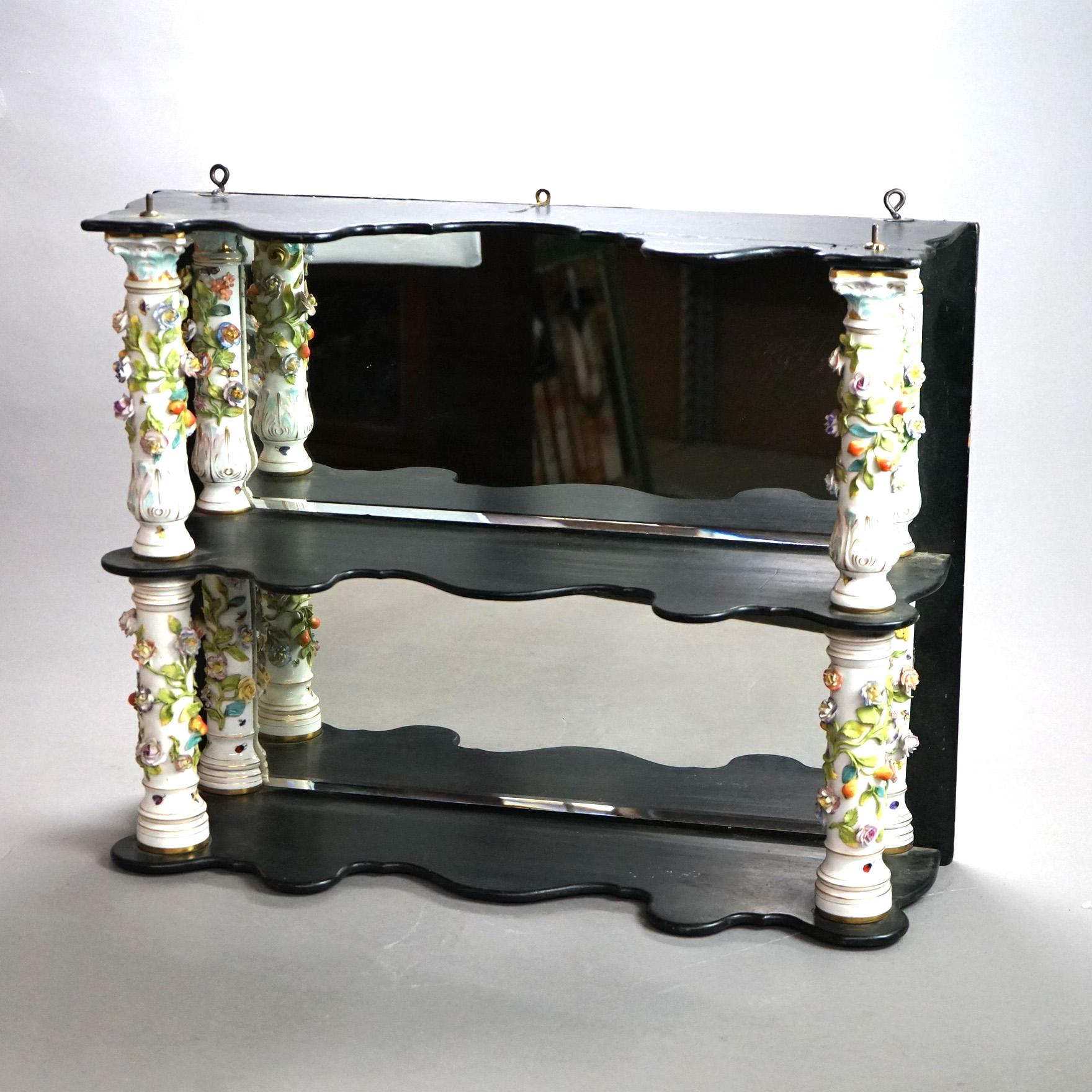 Antique Dresden Porcelain & Ebonized Wood Mirrored Wall Shelf Circa 1890 In Good Condition In Big Flats, NY