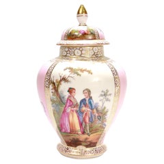 Antique Dresden Porcelain Pink Ground Lidded Urn or Covered Vase