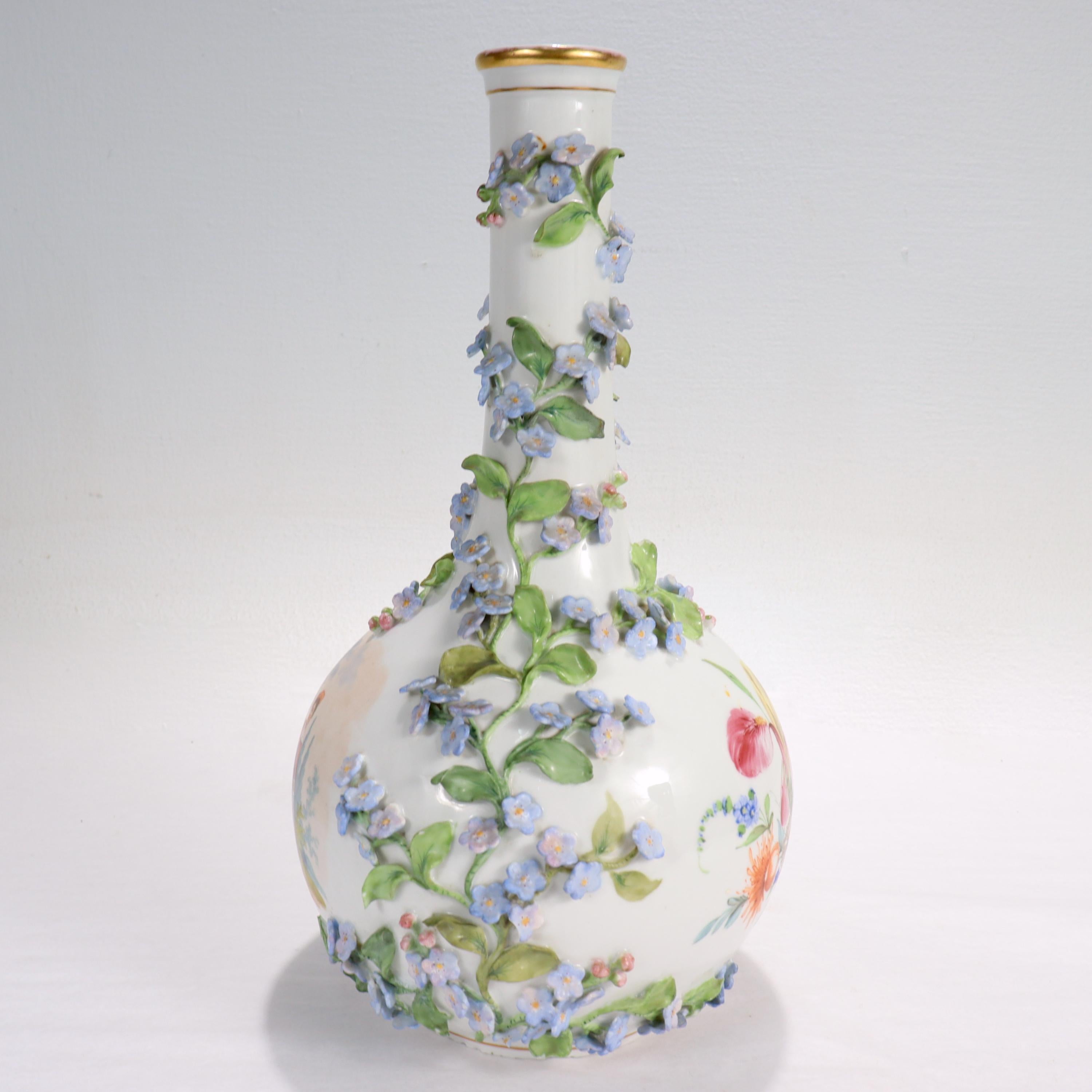 German Antique Dresden Potschappel Porcelain Flower Encrusted Bottle Neck Vase For Sale