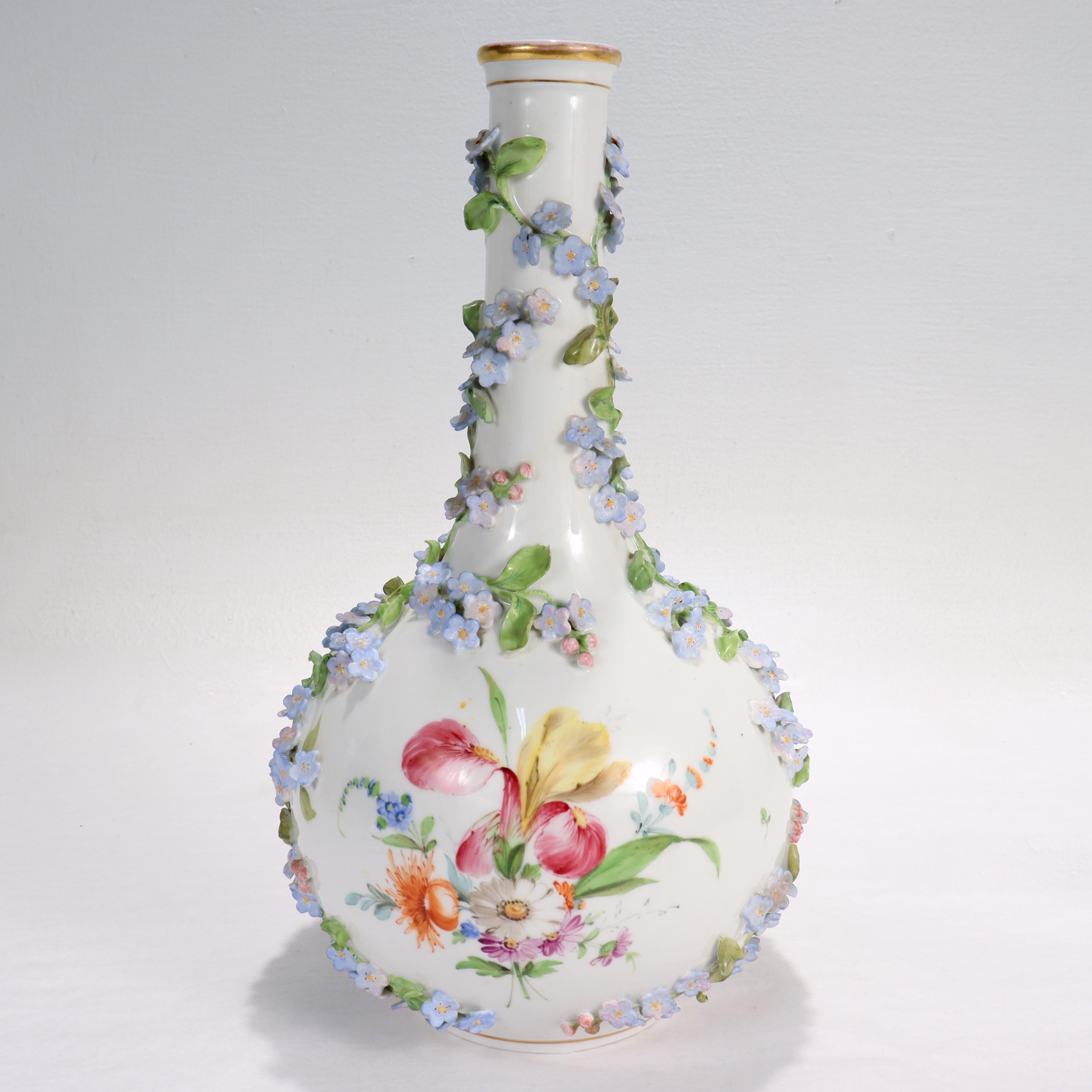 Antique Dresden Potschappel Porcelain Flower Encrusted Bottle Neck Vase In Good Condition For Sale In Philadelphia, PA