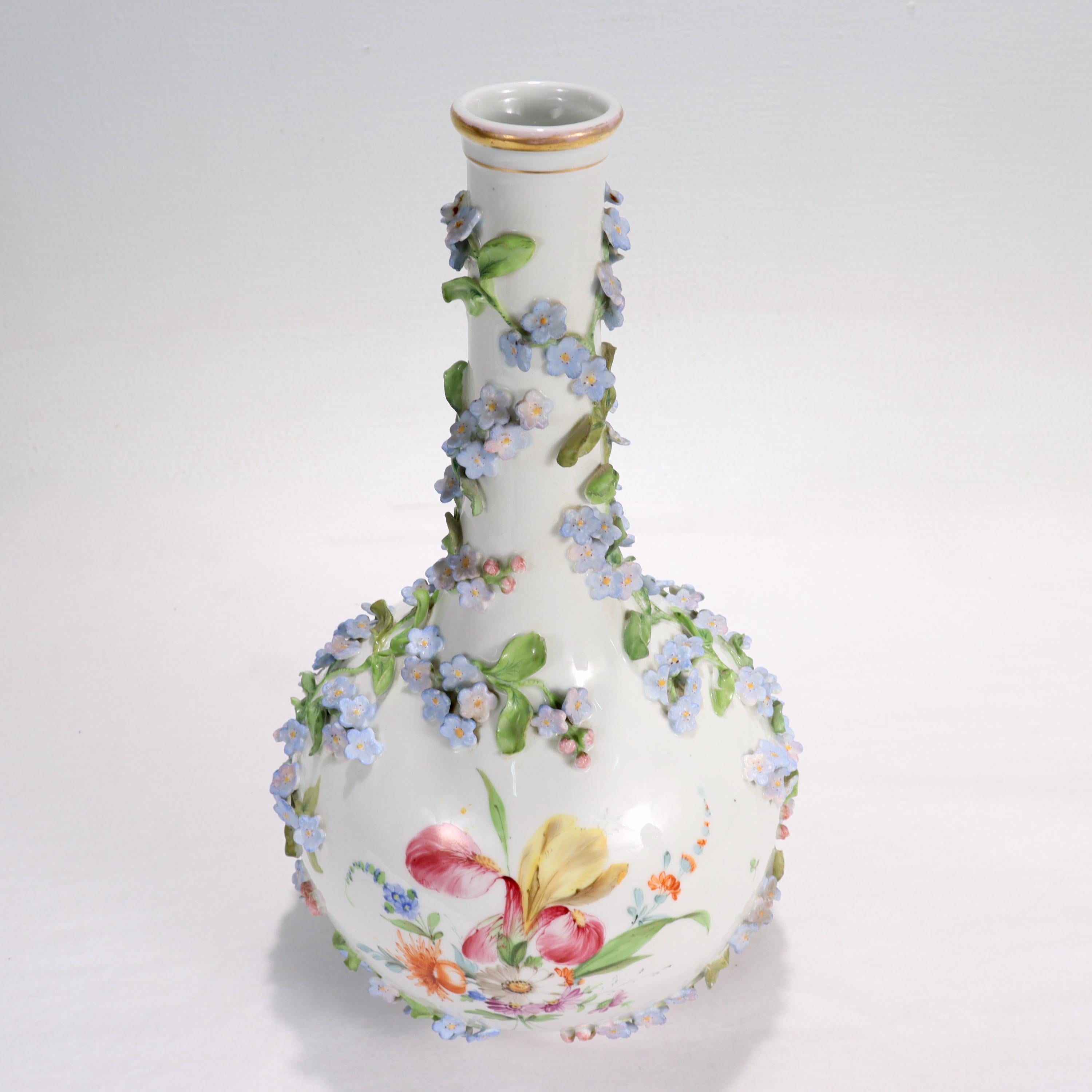 20th Century Antique Dresden Potschappel Porcelain Flower Encrusted Bottle Neck Vase For Sale