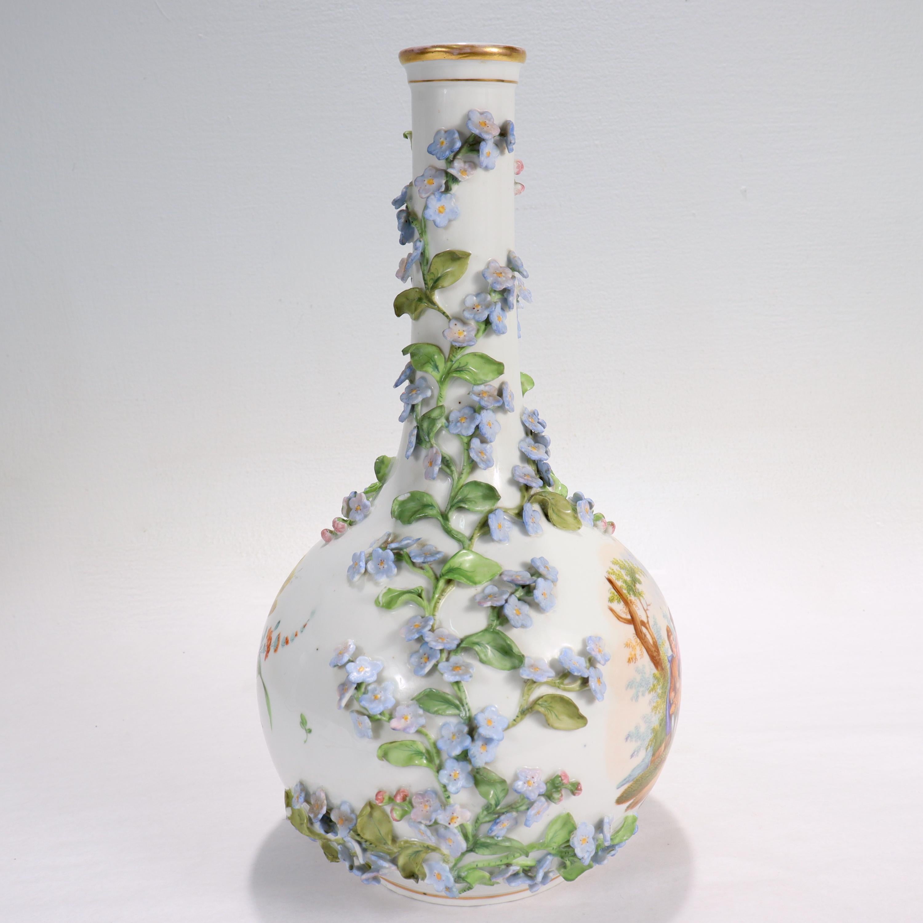 Antique Dresden Potschappel Porcelain Flower Encrusted Bottle Neck Vase For Sale 2
