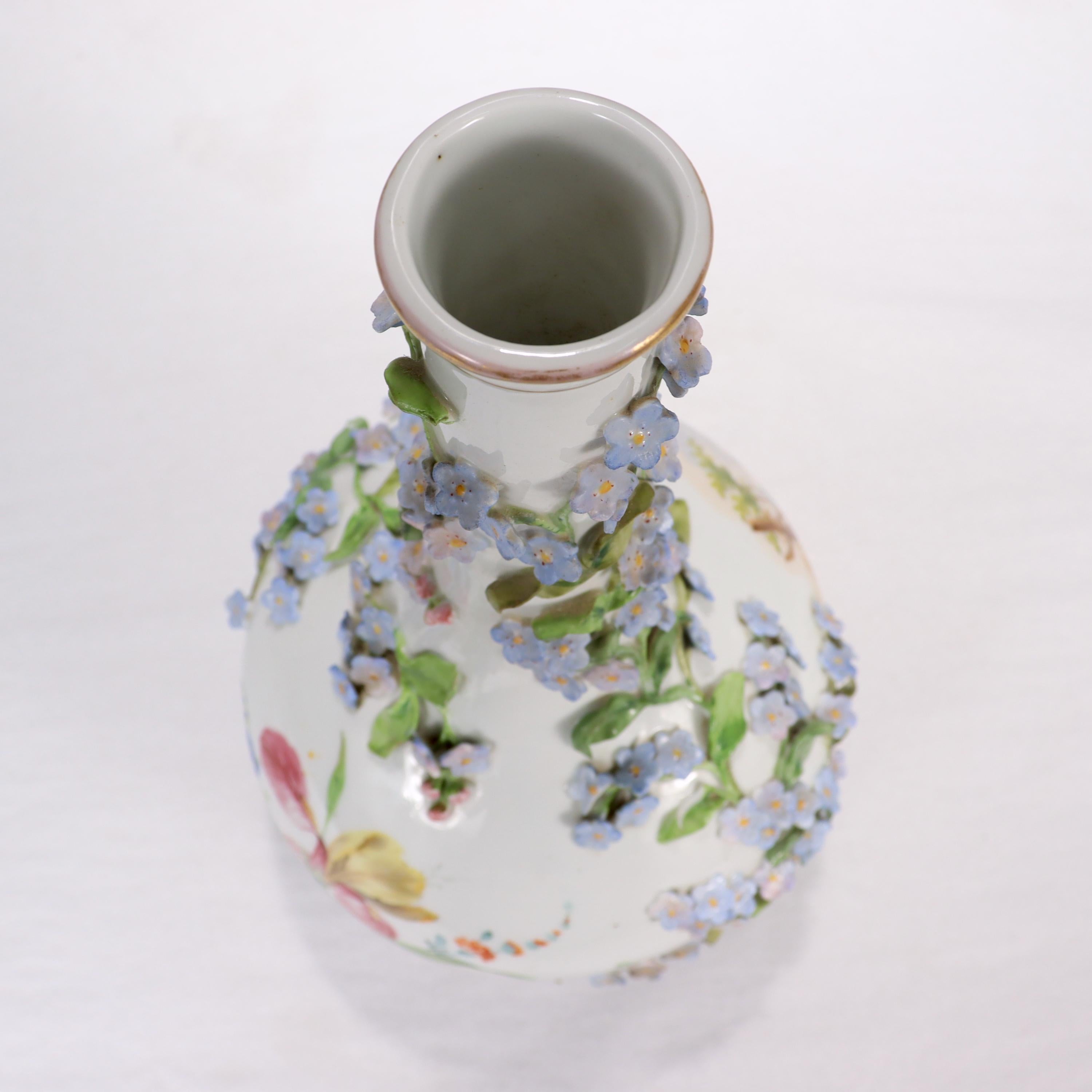 Antique Dresden Potschappel Porcelain Flower Encrusted Bottle Neck Vase For Sale 3