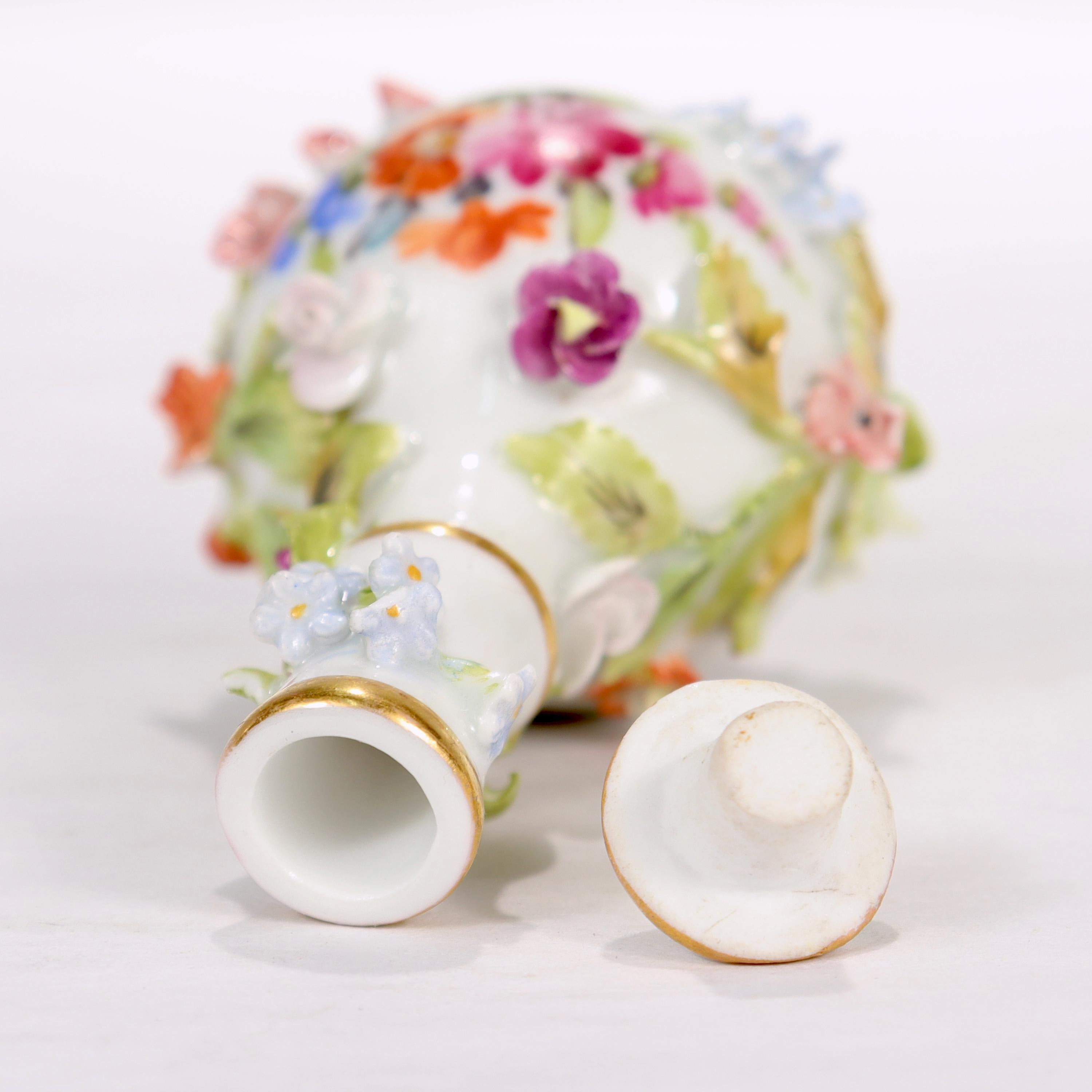 Antique Dresden Potschappel Porcelain Miniature Flower Encrusted Perfume Bottle For Sale 3