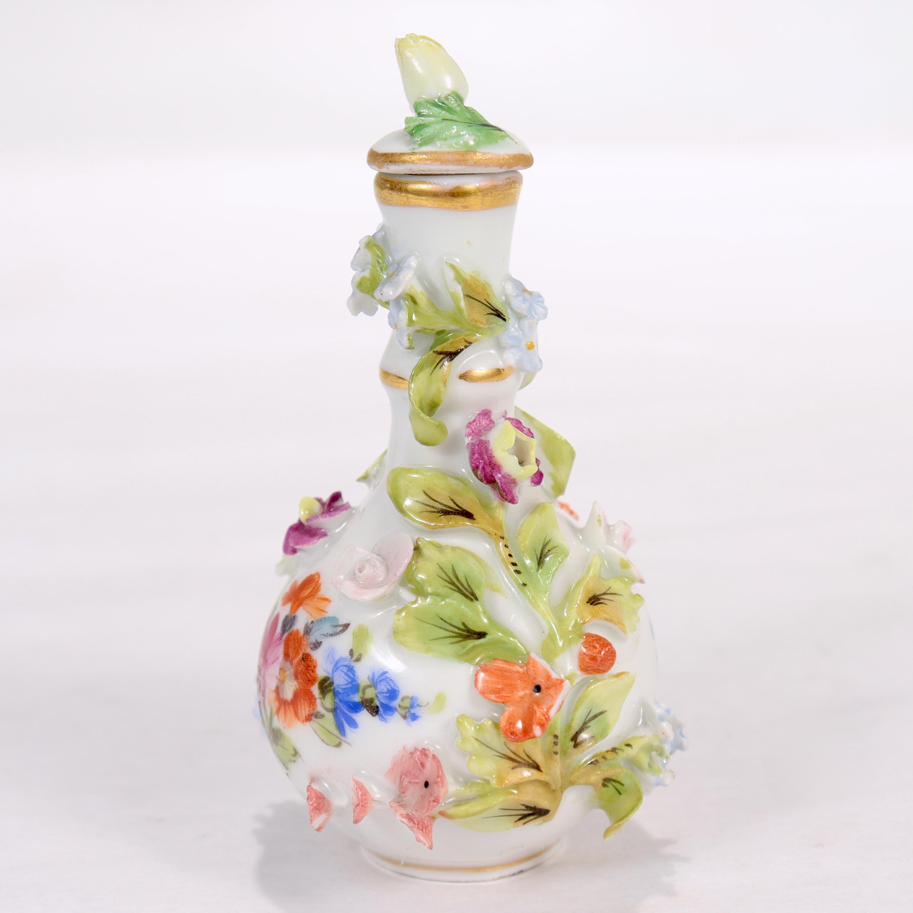 Rococo Antique Dresden Potschappel Porcelain Miniature Flower Encrusted Perfume Bottle For Sale