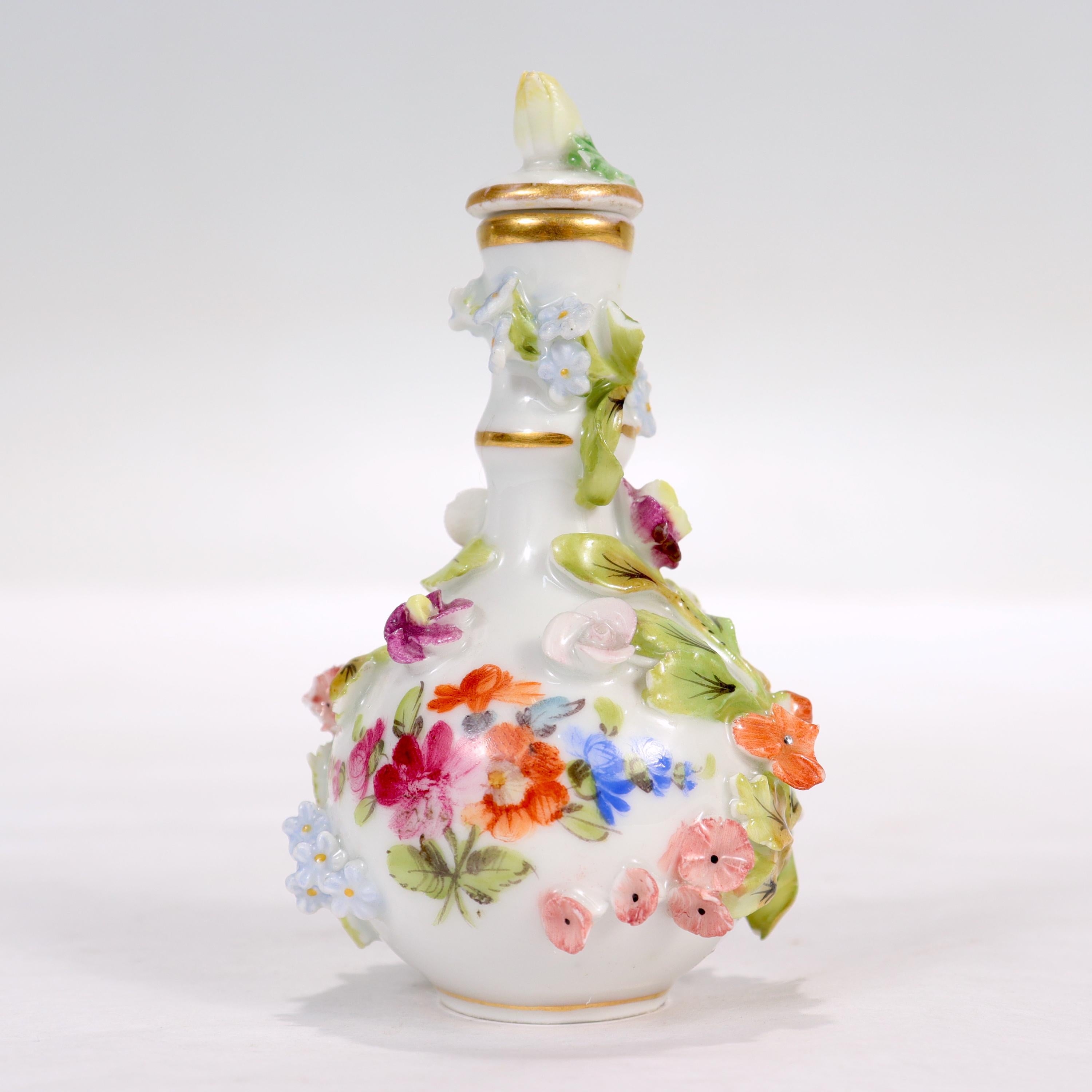 German Antique Dresden Potschappel Porcelain Miniature Flower Encrusted Perfume Bottle For Sale