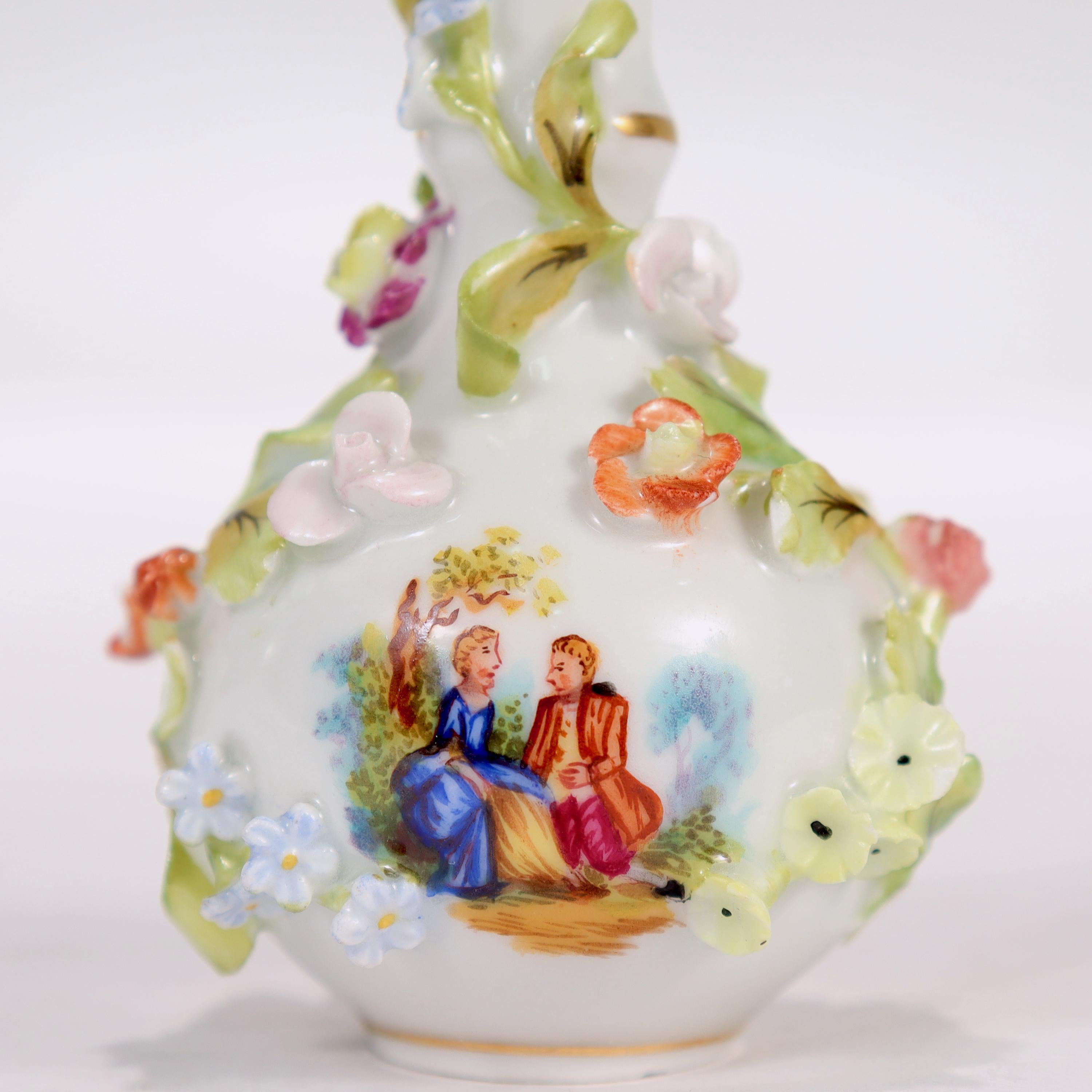 Antique Dresden Potschappel Porcelain Miniature Flower Encrusted Perfume Bottle In Good Condition For Sale In Philadelphia, PA