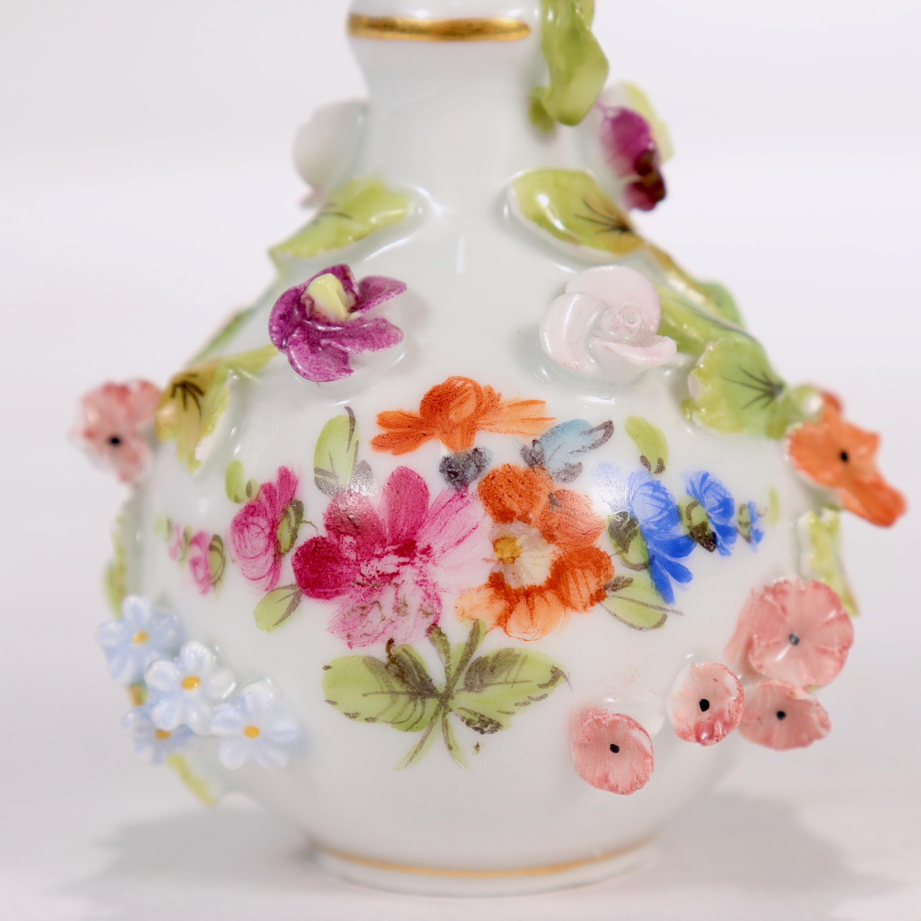 20th Century Antique Dresden Potschappel Porcelain Miniature Flower Encrusted Perfume Bottle For Sale