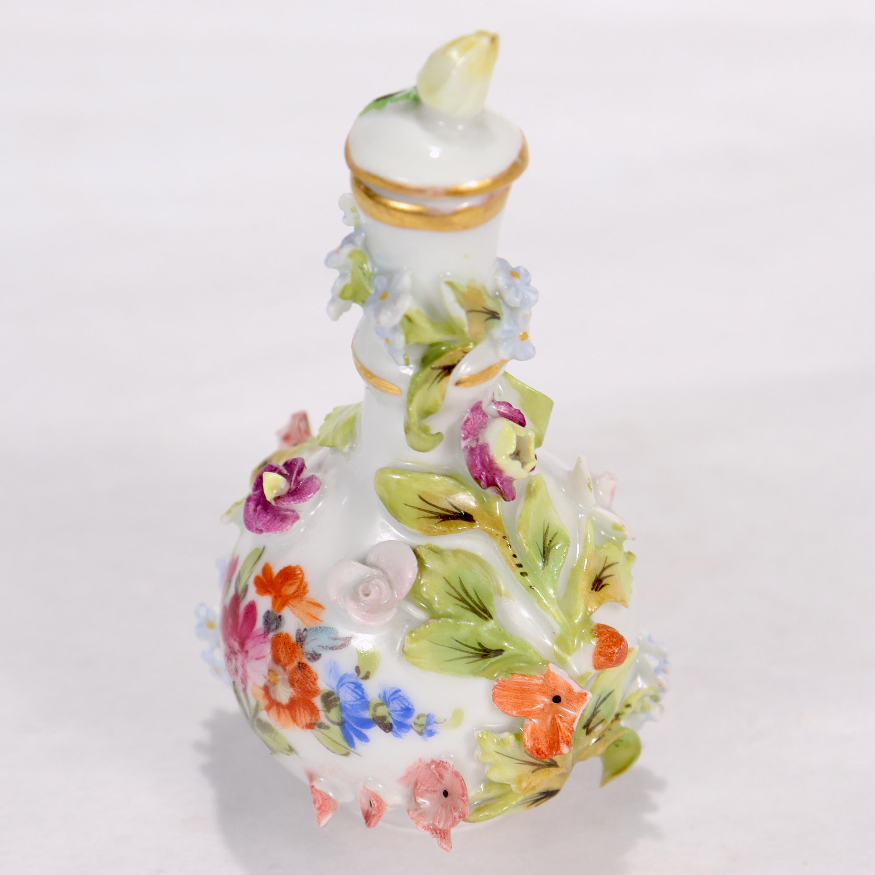Antique Dresden Potschappel Porcelain Miniature Flower Encrusted Perfume Bottle For Sale 2