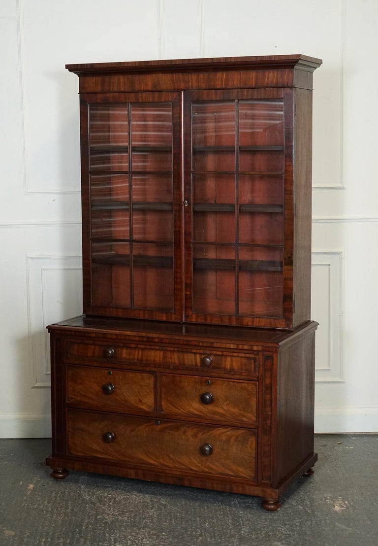 ANTIQUE DRESSER BOOKCASE DISPLAY CABiNET ON CHEST OF DRAWERS BLACK LEATHER  TOP For Sale at 1stDibs