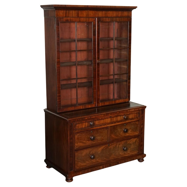 ANTIQUE DRESSER BOOKCASE DISPLAY CABiNET ON CHEST OF DRAWERS BLACK LEATHER  TOP For Sale at 1stDibs