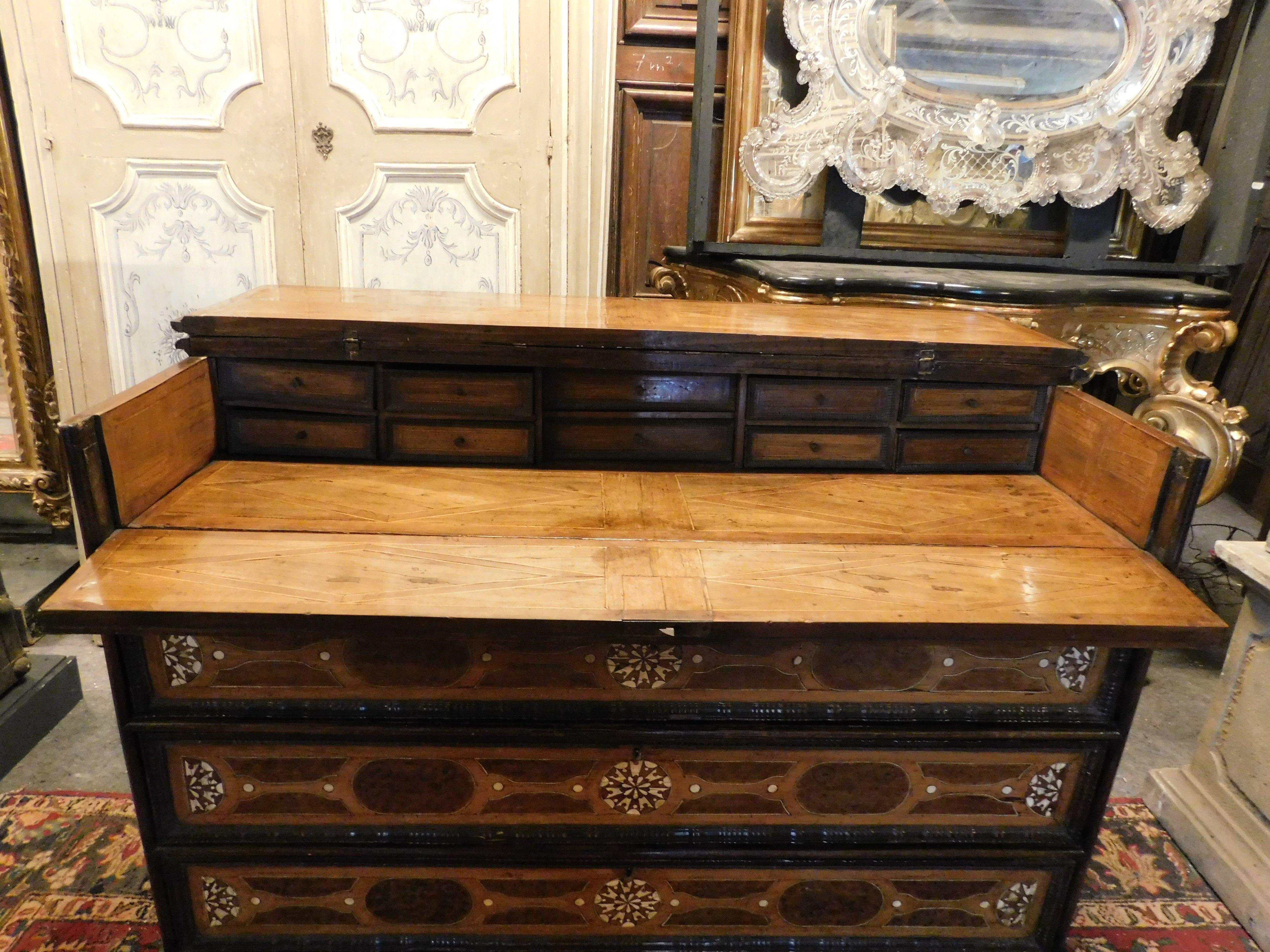 Wood Dresser/flap cabinets in walnut and briar inlay, Italy For Sale