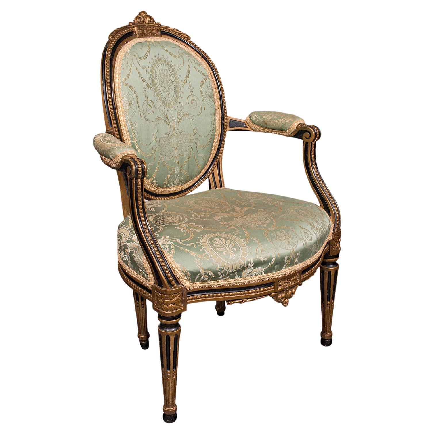 Fauteuil de chambre antique, anglais, chaise à l'accoudoir, coton et soie, Régence, 1820