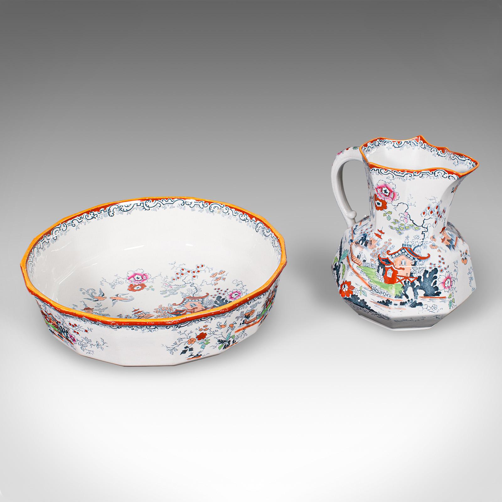 
This is antique dressing room washbowl and ewer. An English, ceramic water basin and pouring jug, dating to the Victorian period, circa 1880.

Darling wash set, with a wonderful decorative appearance
Displays a desirable aged patin and in good