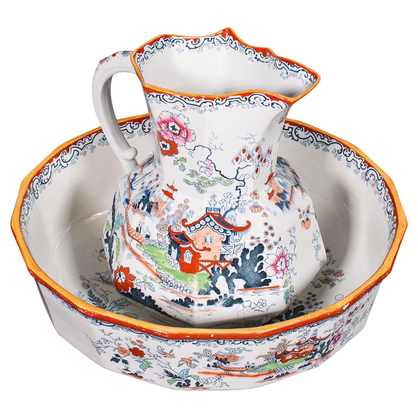 Antico lavabo da toilette, Ewer, Inglese, Ceramica, Bacino, Brocca, Vittoriano