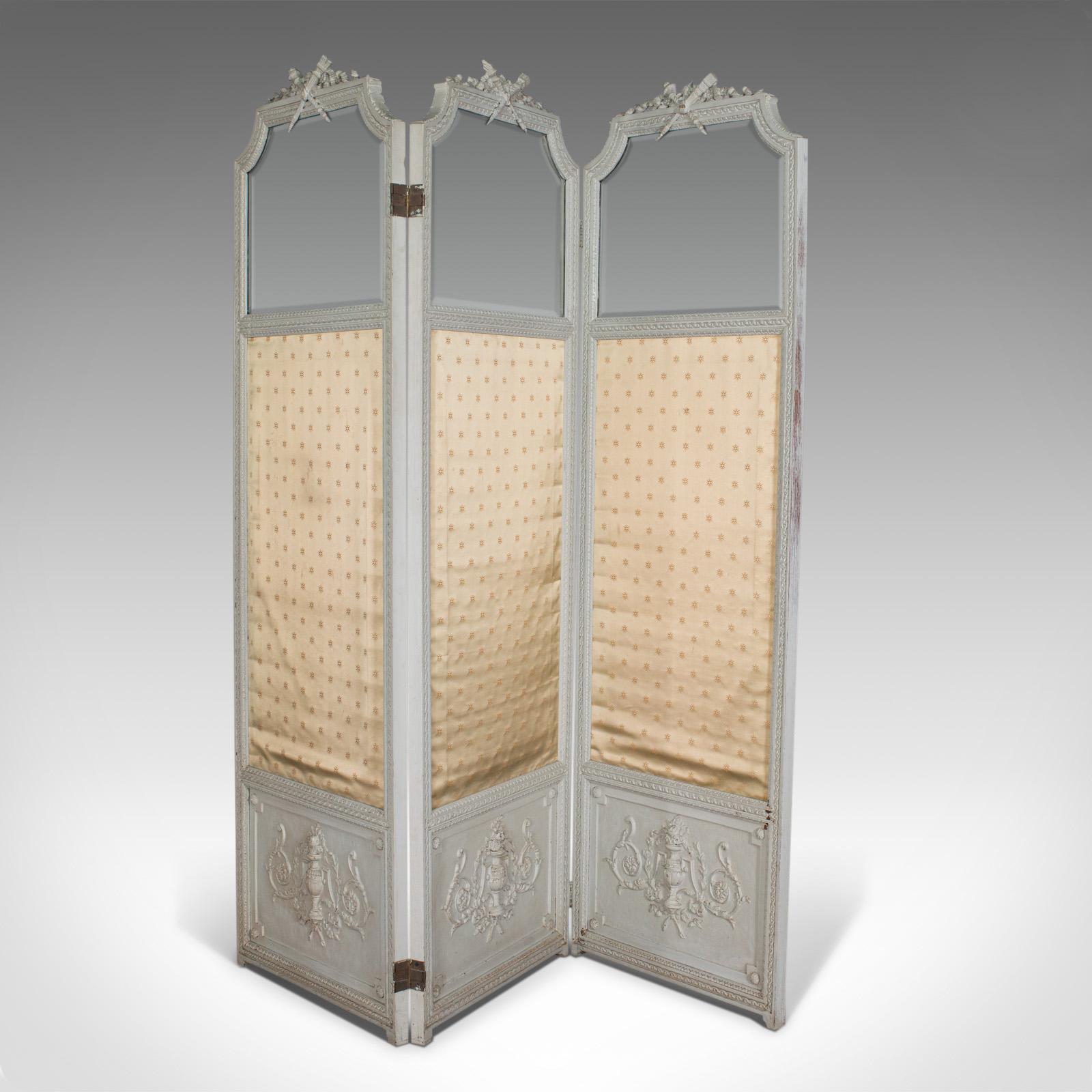 This is an antique dressing screen. An Italian, painted mahogany privacy screen or room divider, dating to the late Victorian period, circa 1880.

Furnish your room with Italianate elegance
Displaying a desirable aged patina and in good
