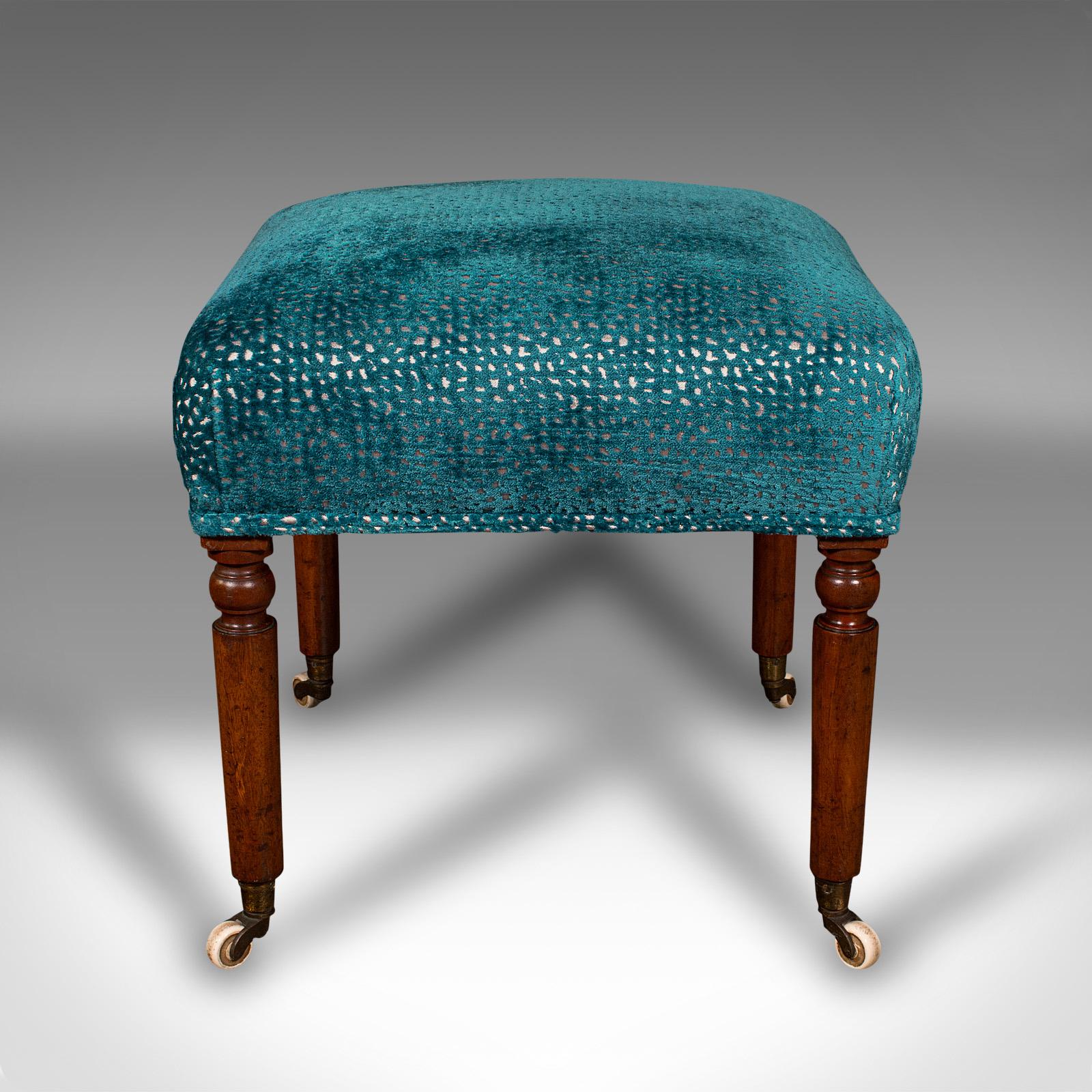 This is an antique dressing stool. An English, mahogany and chenille upholstered footstool, dating to the Regency period, circa 1820.

Graced with superb colour and a fine, tactile upholstery
Displays a desirable aged patina and in very good