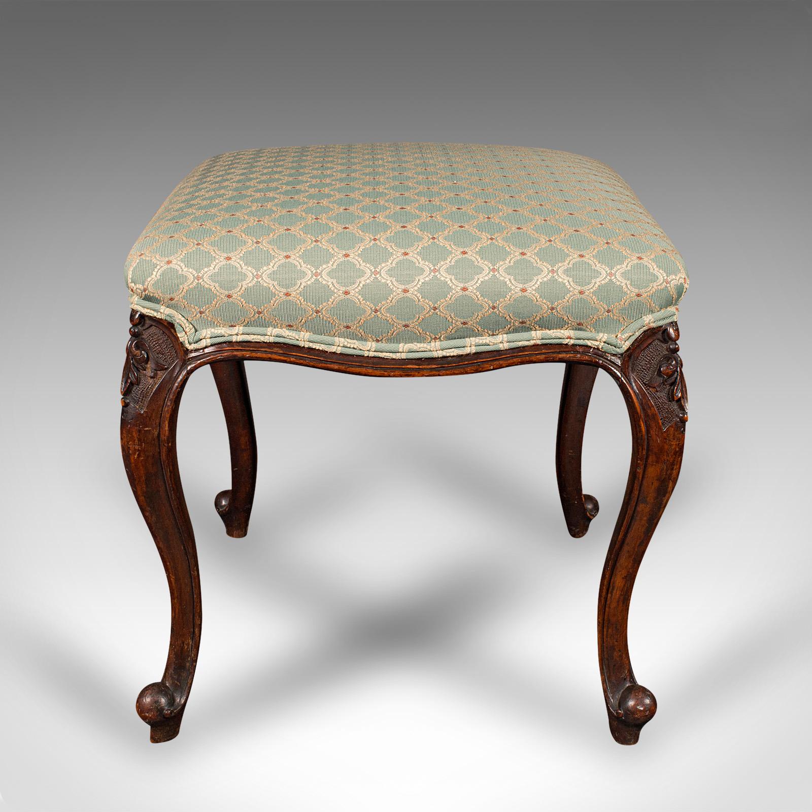This is an antique dressing stool. An English, walnut footstool, dating to the early Victorian period, circa 1840.

Beautifully presented stool with quality upholstery and finish
Displaying a desirable aged patina and in good order
Appealing