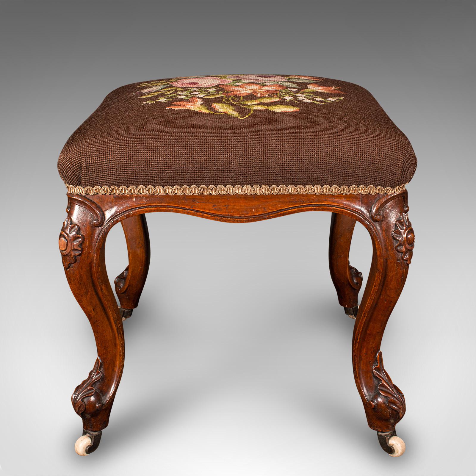 British Antique Dressing Stool, English, Walnut, Needlepoint, Footstool, Early Victorian For Sale