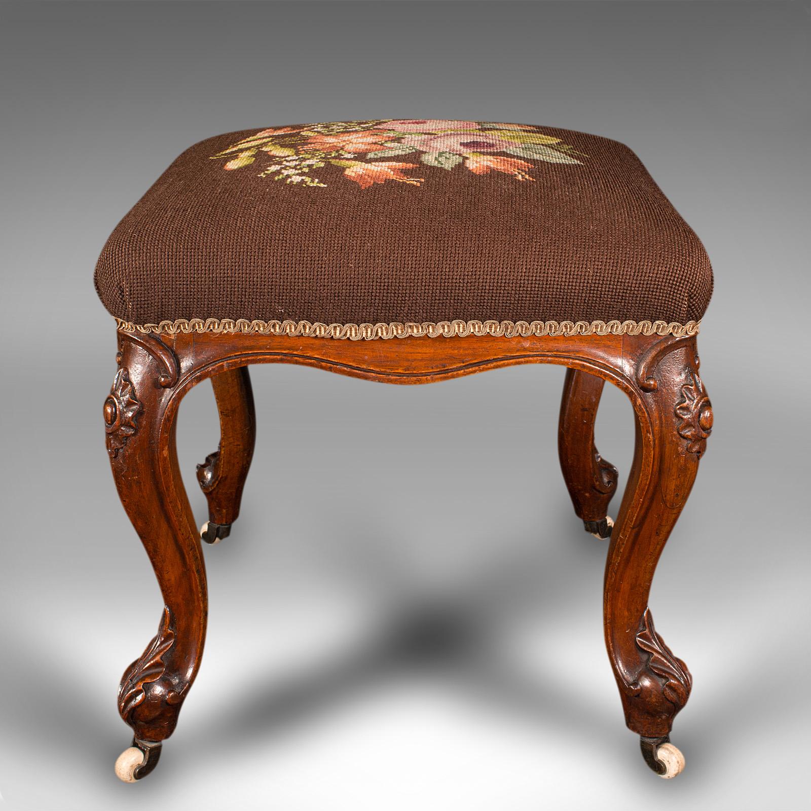 19th Century Antique Dressing Stool, English, Walnut, Needlepoint, Footstool, Early Victorian For Sale