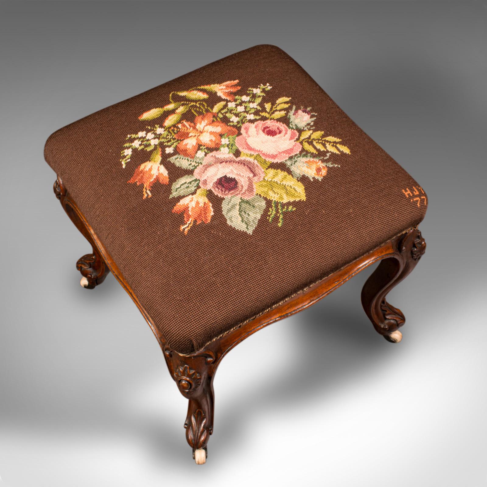 Antique Dressing Stool, English, Walnut, Needlepoint, Footstool, Early Victorian For Sale 1