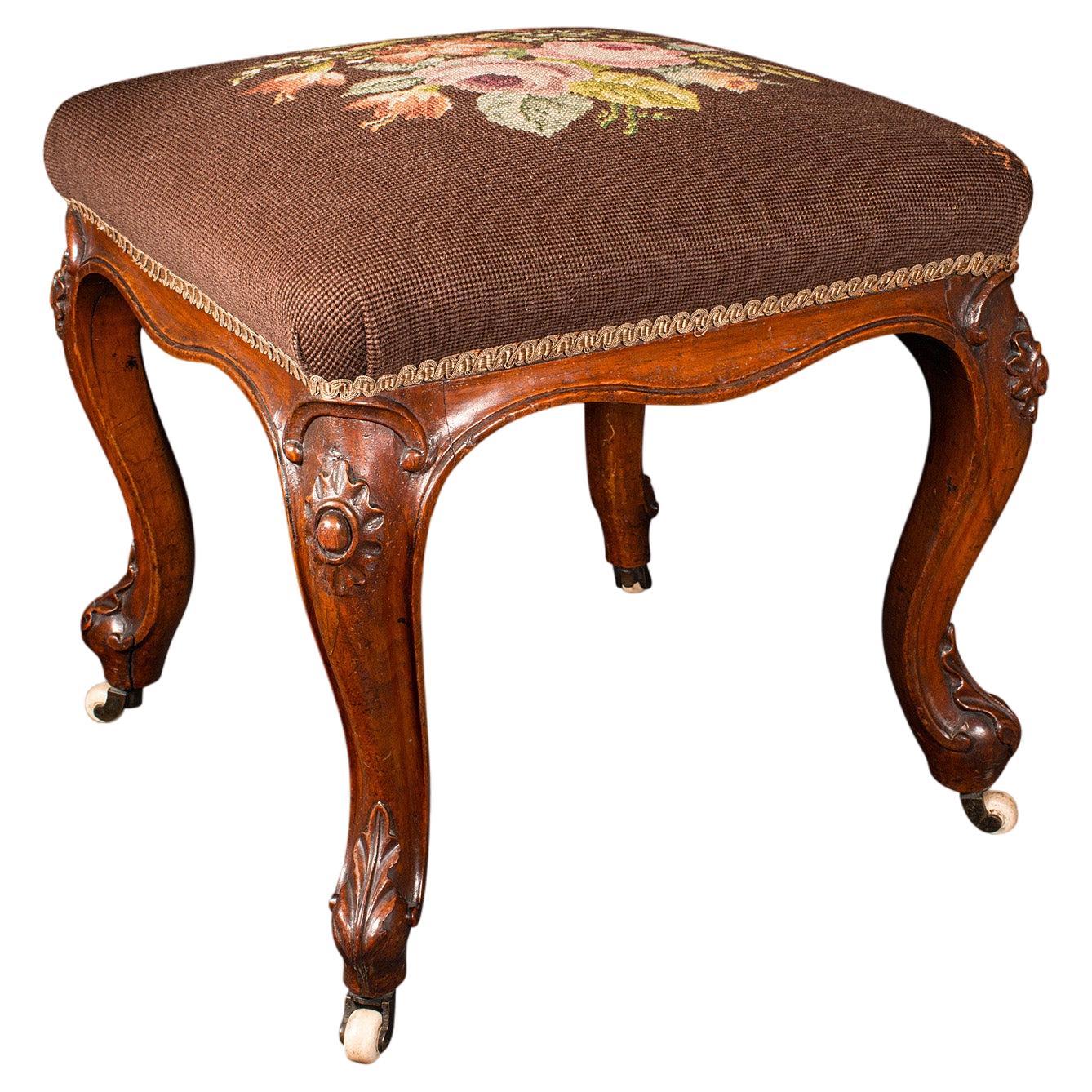 Antique Dressing Stool, English, Walnut, Needlepoint, Footstool, Early Victorian For Sale