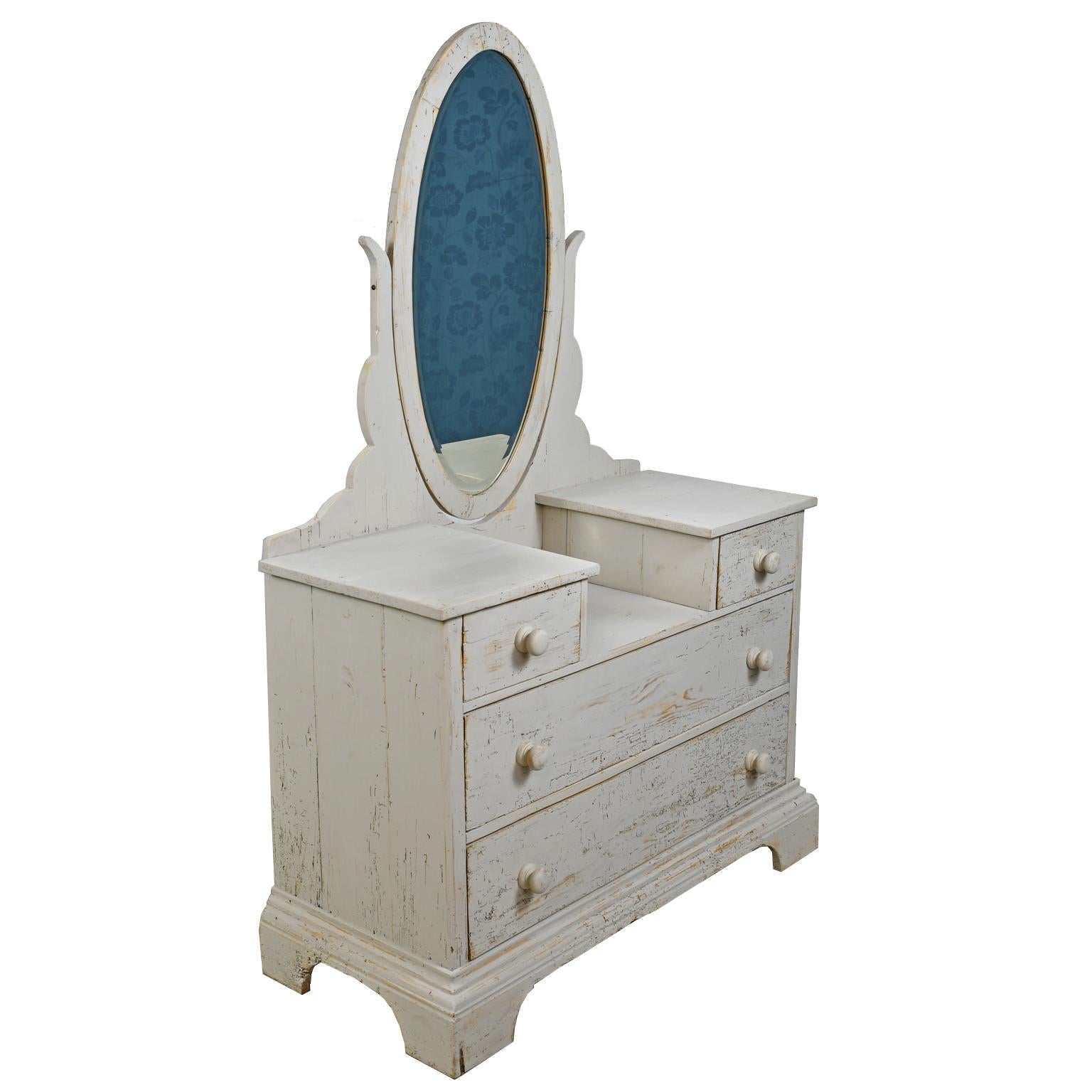 Antique Dressing Table/ Chest of Drawers with Gustavian Grey Paint & Oval Mirror (Spätviktorianisch) im Angebot