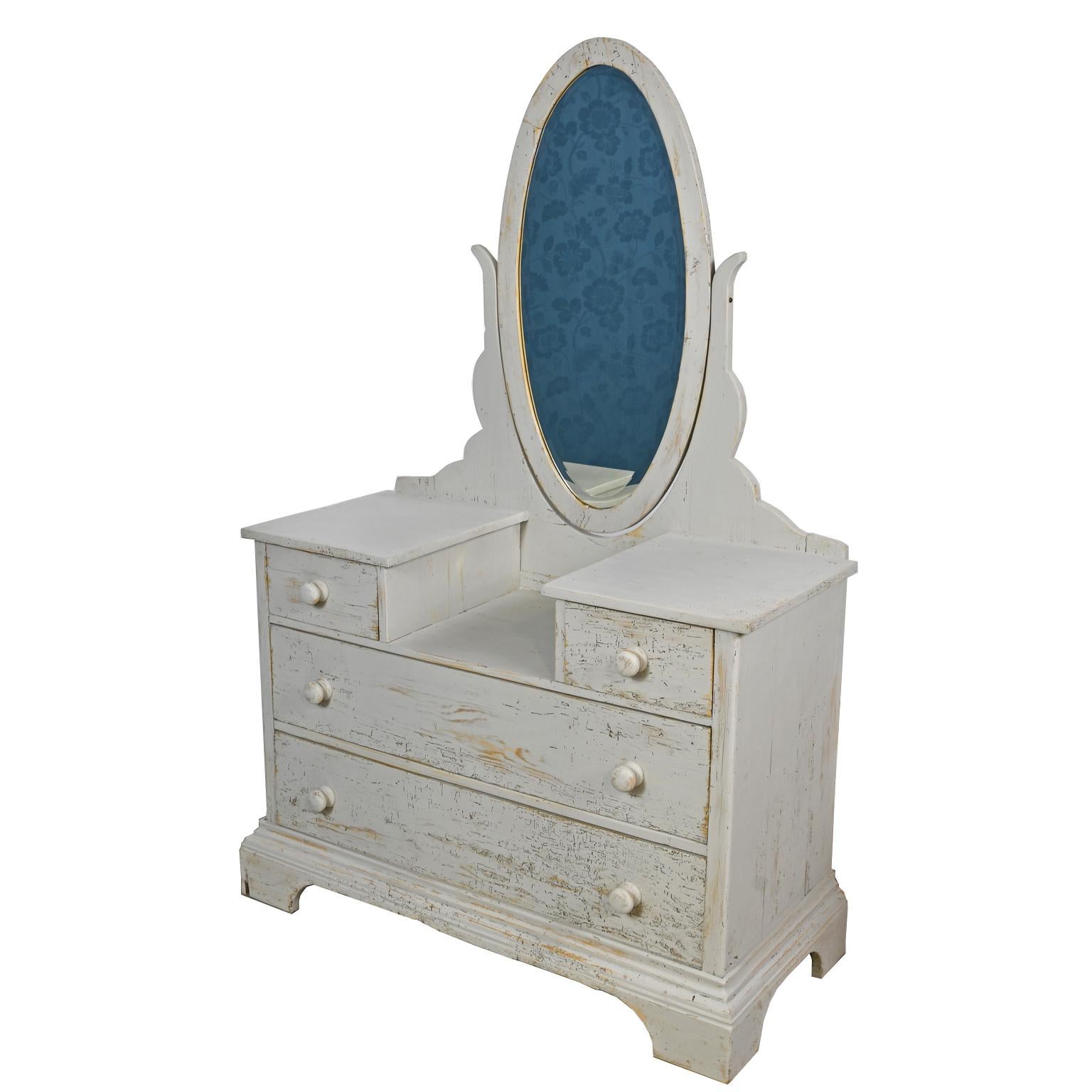 Antique Dressing Table/ Chest of Drawers with Gustavian Grey Paint & Oval Mirror (Skandinavisch) im Angebot