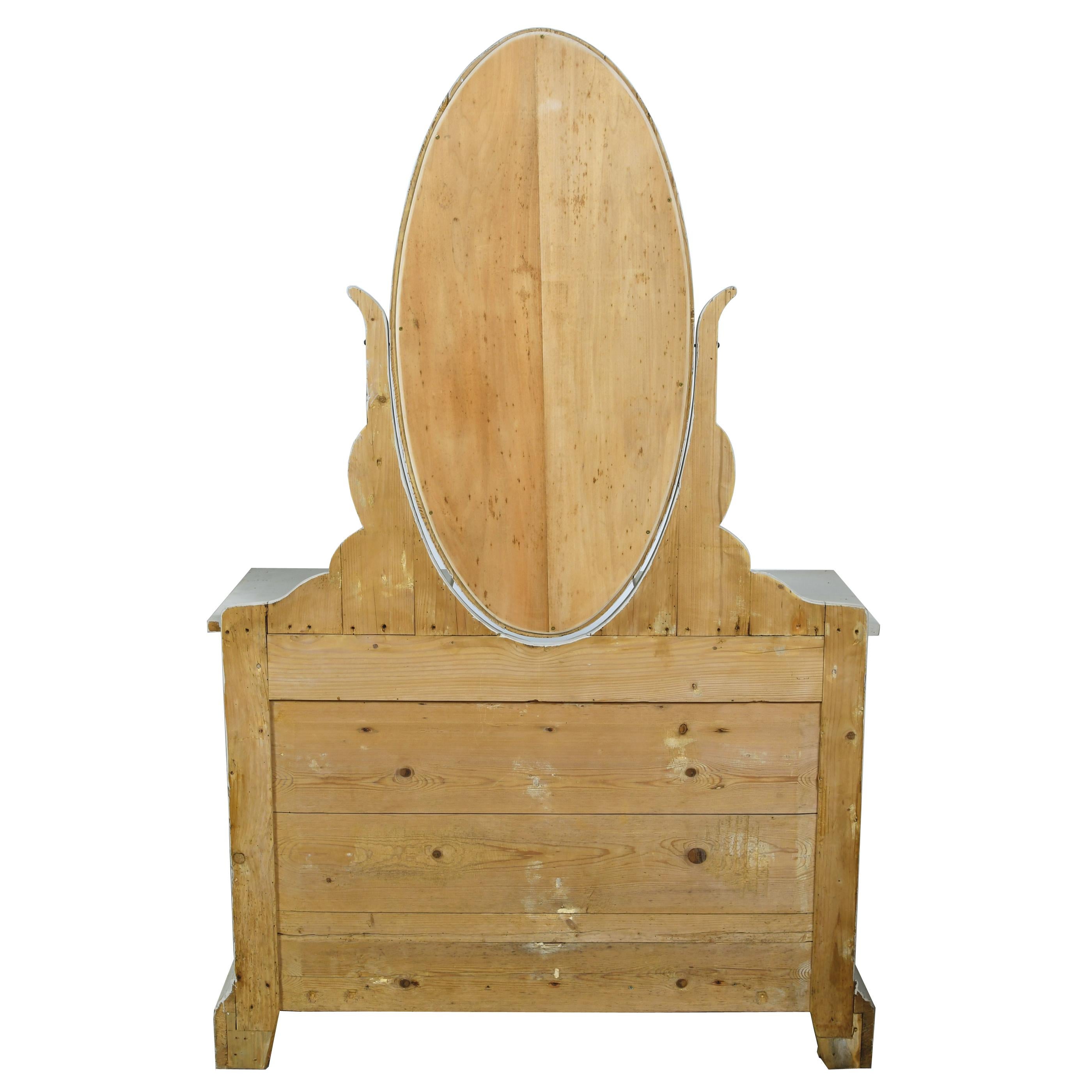 Biseauté Antique Dressing Table/ Chest of Drawers with Gustavian Grey Paint & Oval Mirror en vente