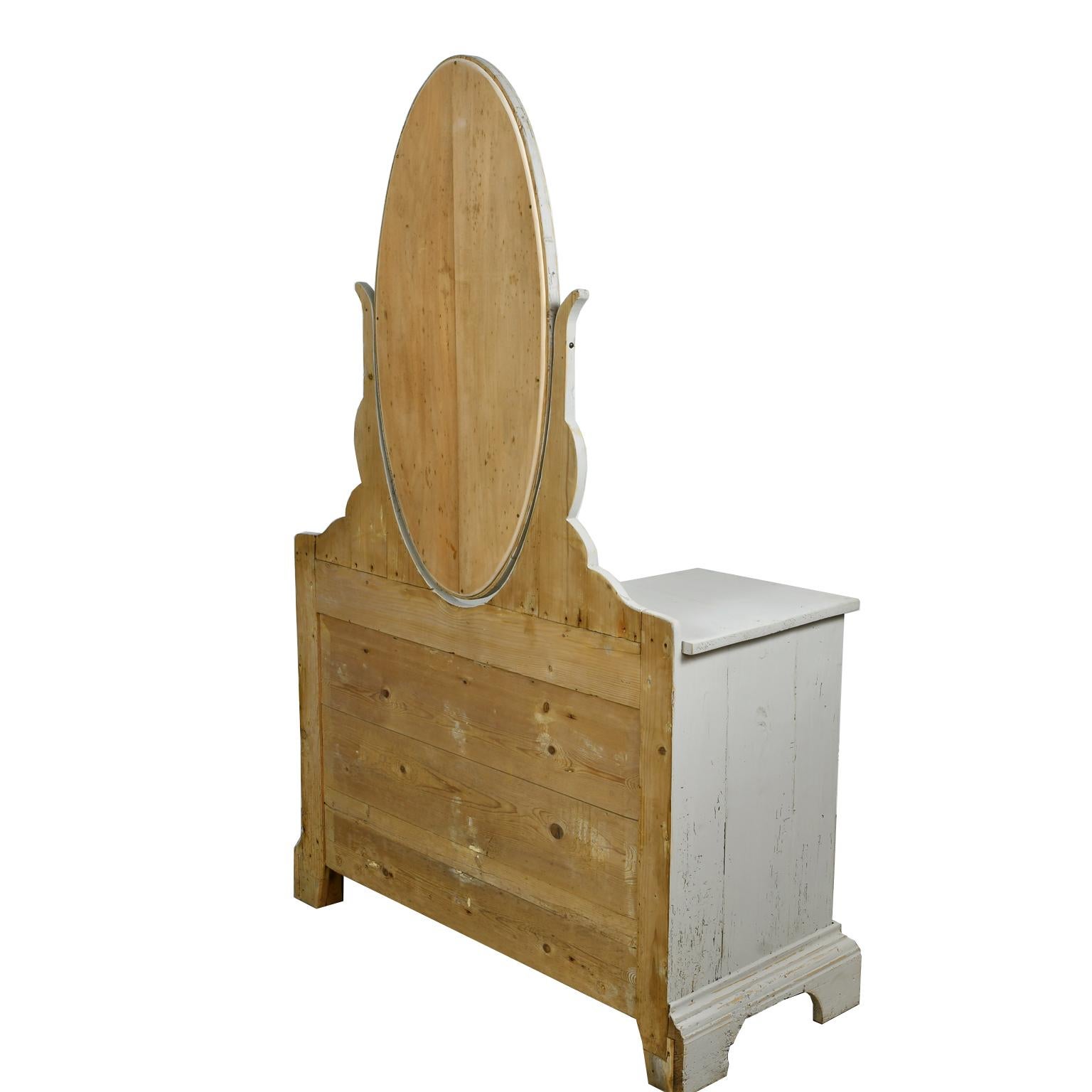 Beveled Antique Dressing Table/ Chest of Drawers with Gustavian Grey Paint & Oval Mirror For Sale