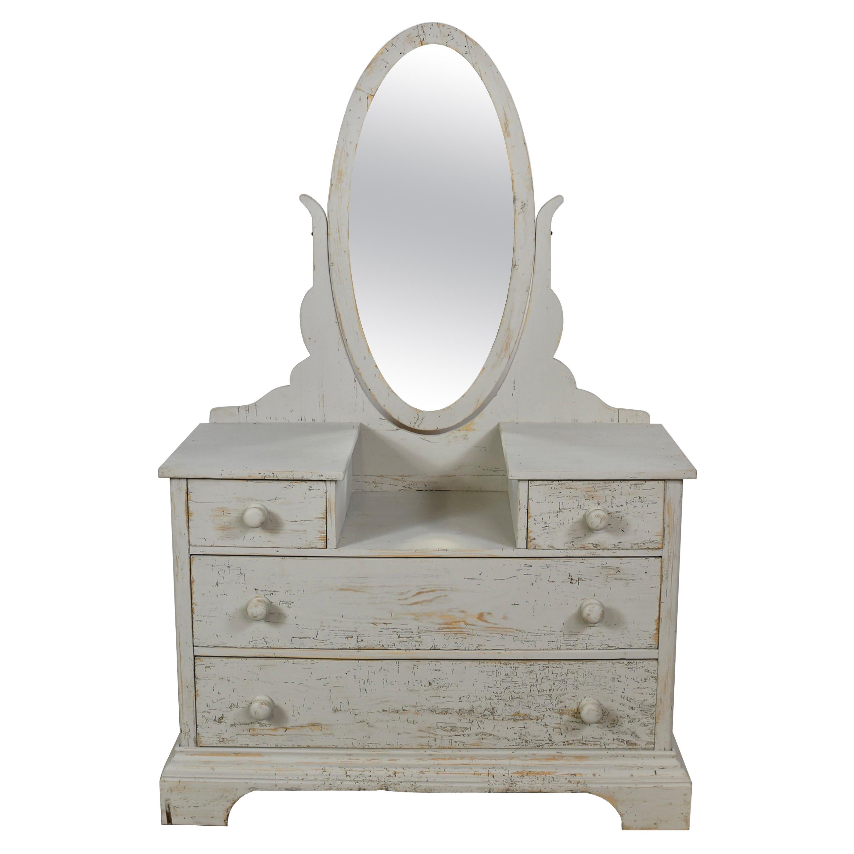 Antique Dressing Table/ Chest of Drawers with Gustavian Grey Paint & Oval Mirror For Sale