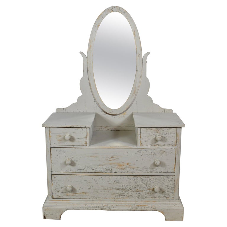 Antique Dressing Table/ Chest of Drawers with Gustavian Grey Paint and Oval  Mirror For Sale at 1stDibs