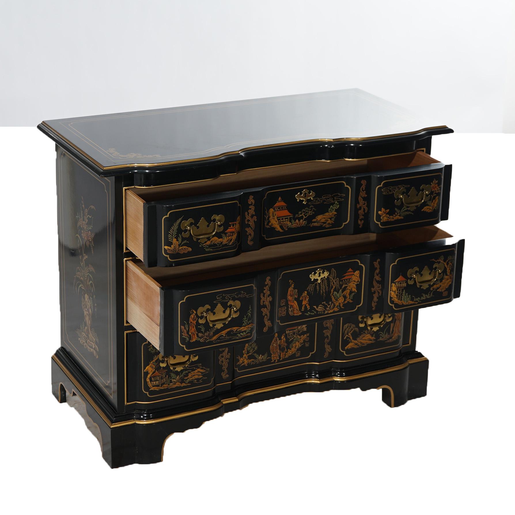 An antique Chippendale chest by Drexel offers block front form with black lacquered finish, Chinoiserie decorated with figures and landscape scenes, three long drawers, gilt highlights throughout and raised on bracket feet, 20th century

Measures-