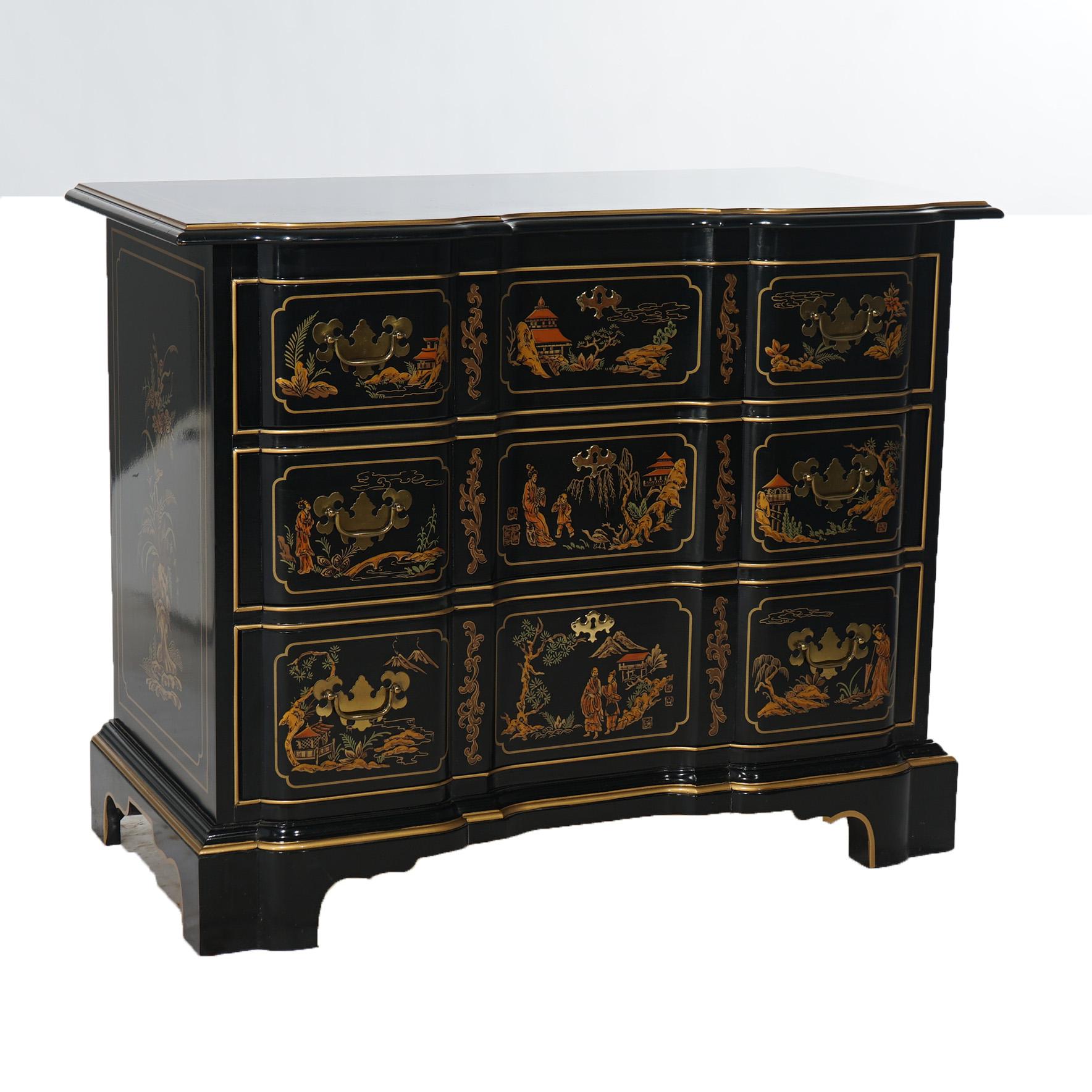 Ebonized Antique Drexel Chippendale Chinoiserie Decorated Block Front Chest 20thC