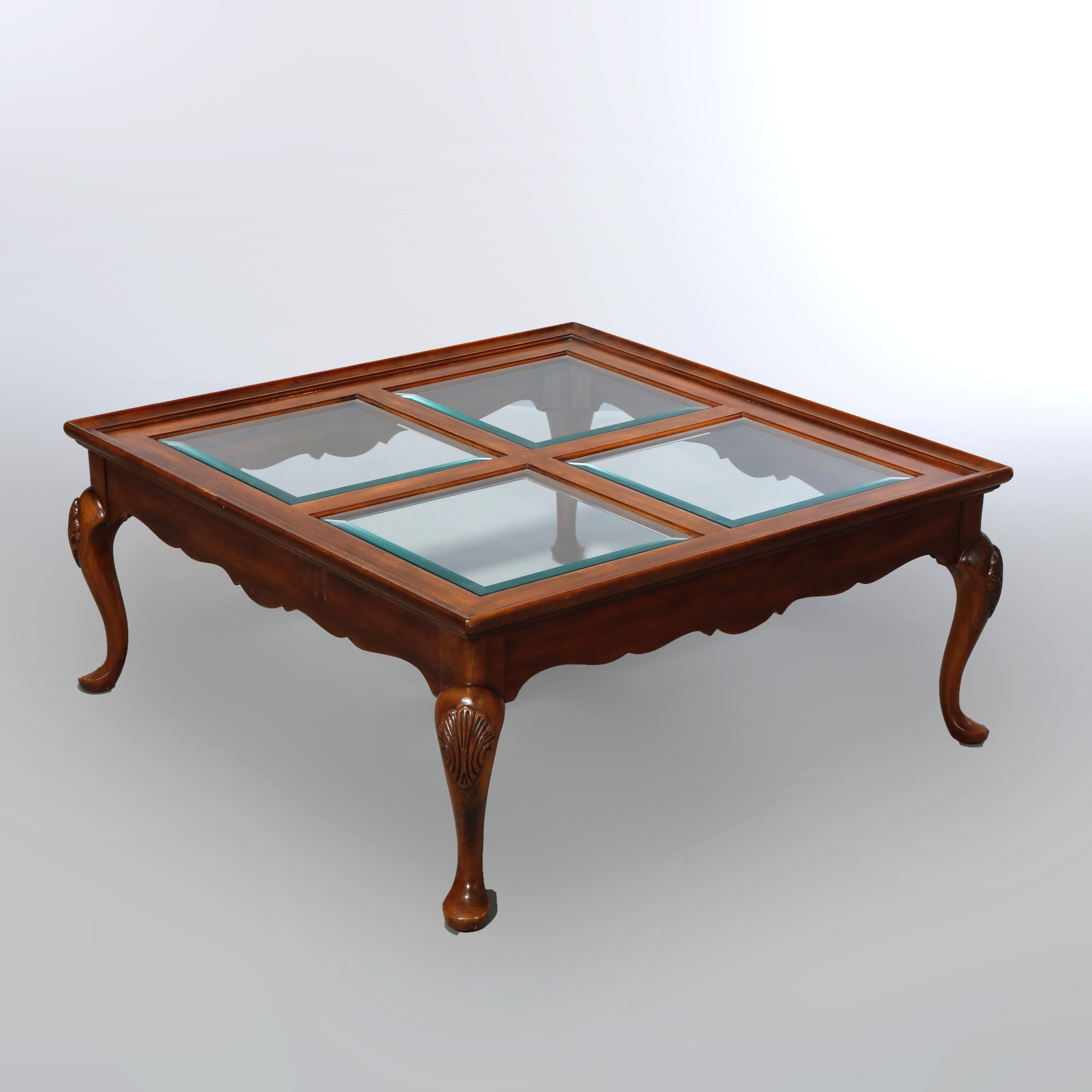 Antique Drexel Queen Anne Style Cherry & Glass Coffee Table, 20th Century 2