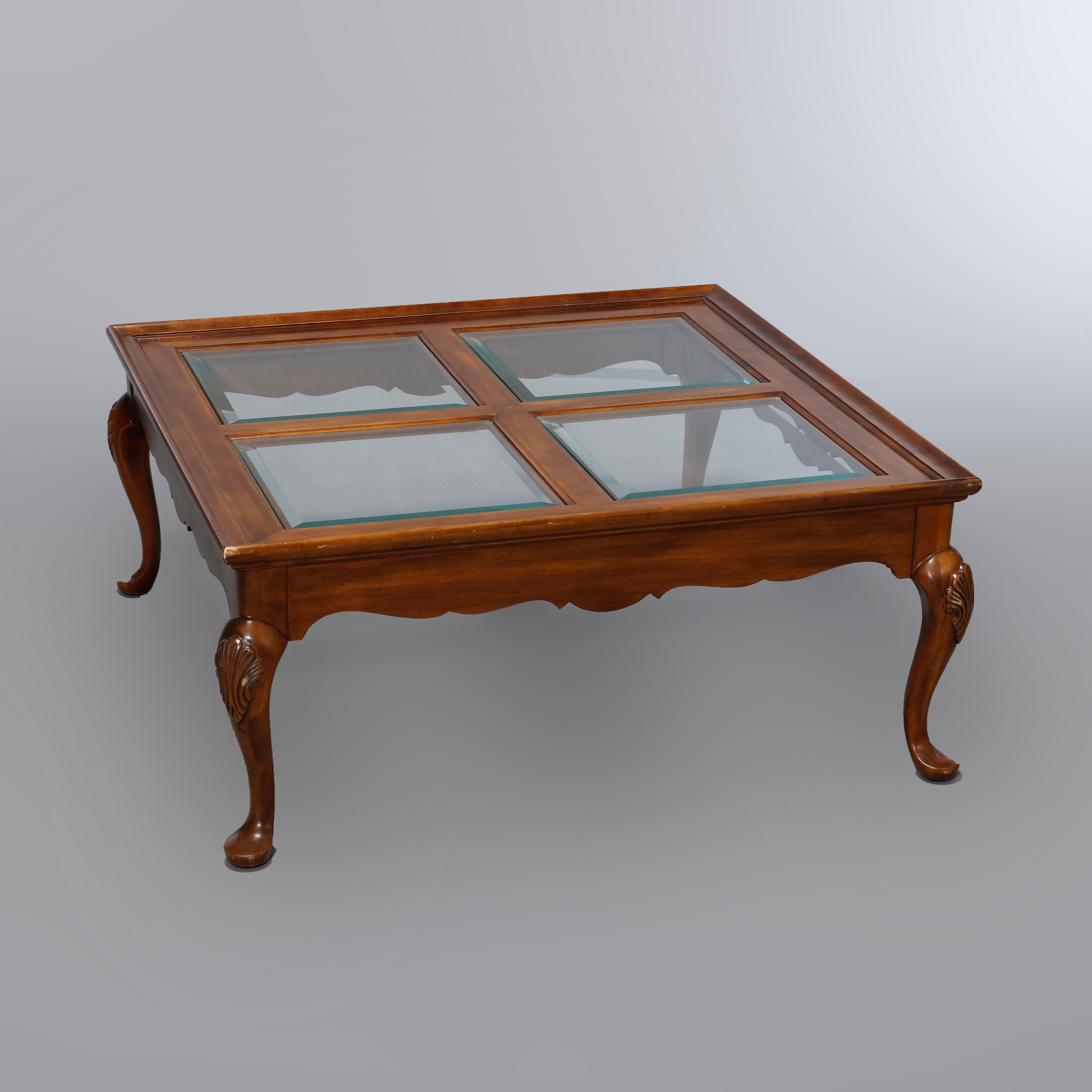 Antique Drexel Queen Anne Style Cherry & Glass Coffee Table, 20th Century 4