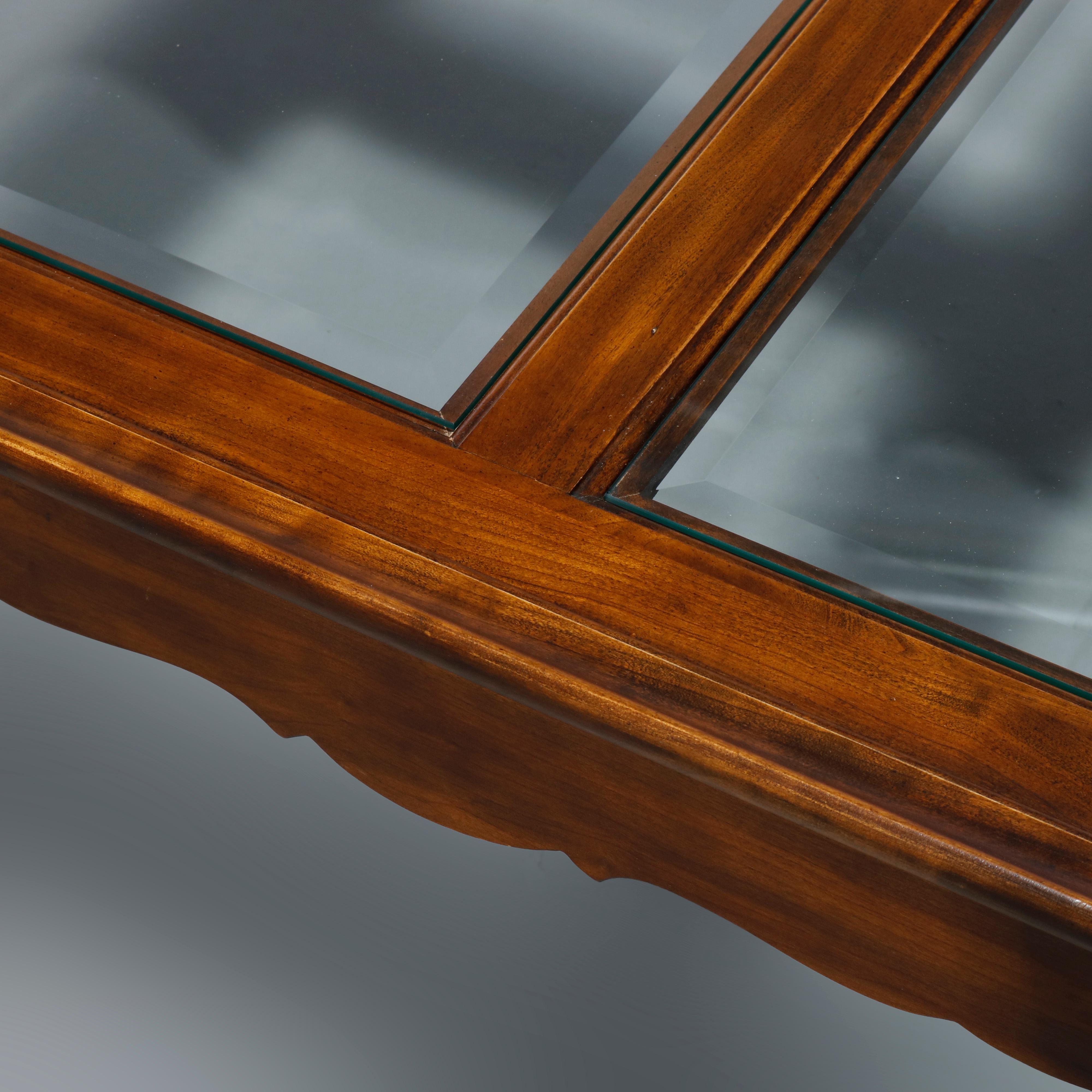 Beveled Antique Drexel Queen Anne Style Cherry & Glass Coffee Table, 20th Century