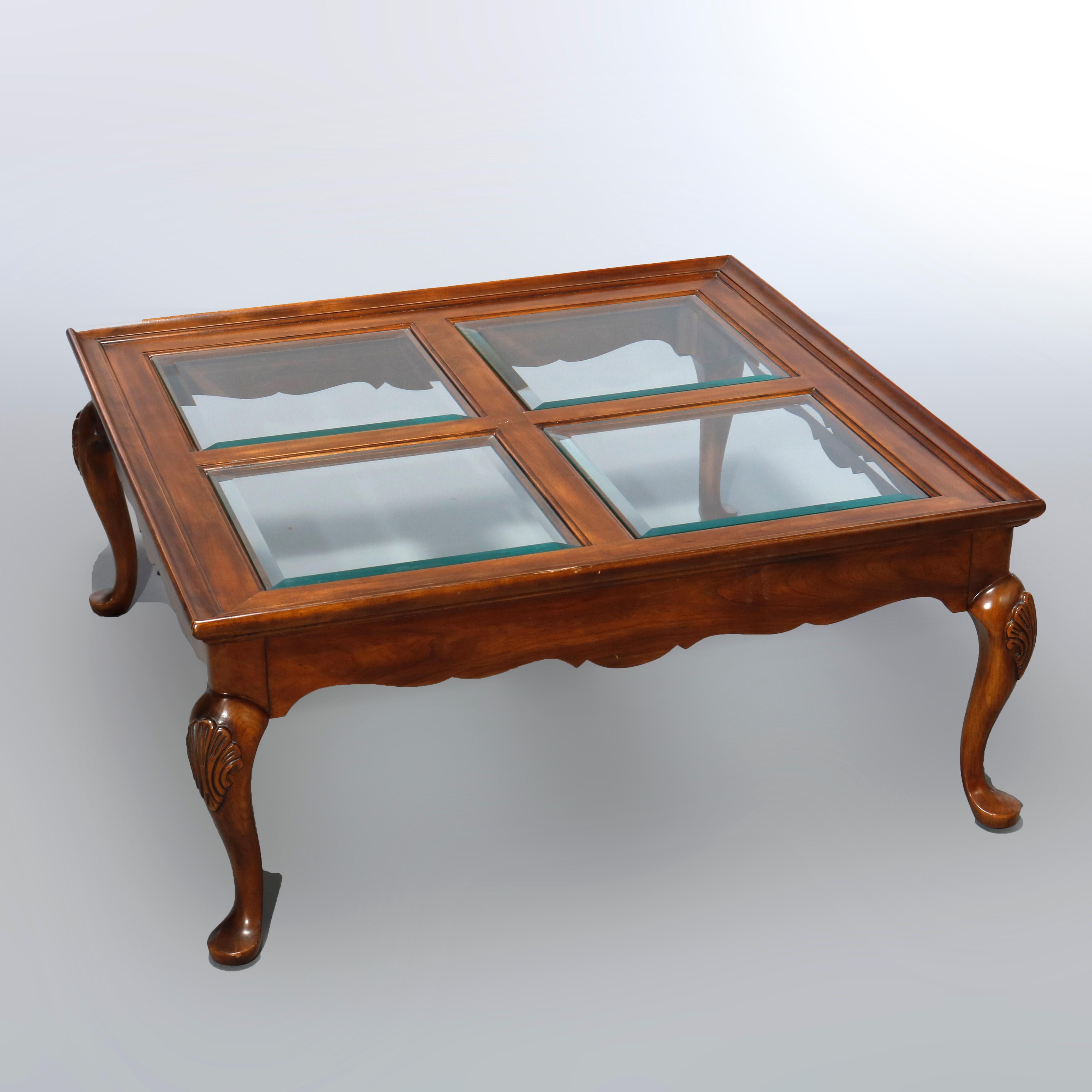 Antique Drexel Queen Anne Style Cherry & Glass Coffee Table, 20th Century 1