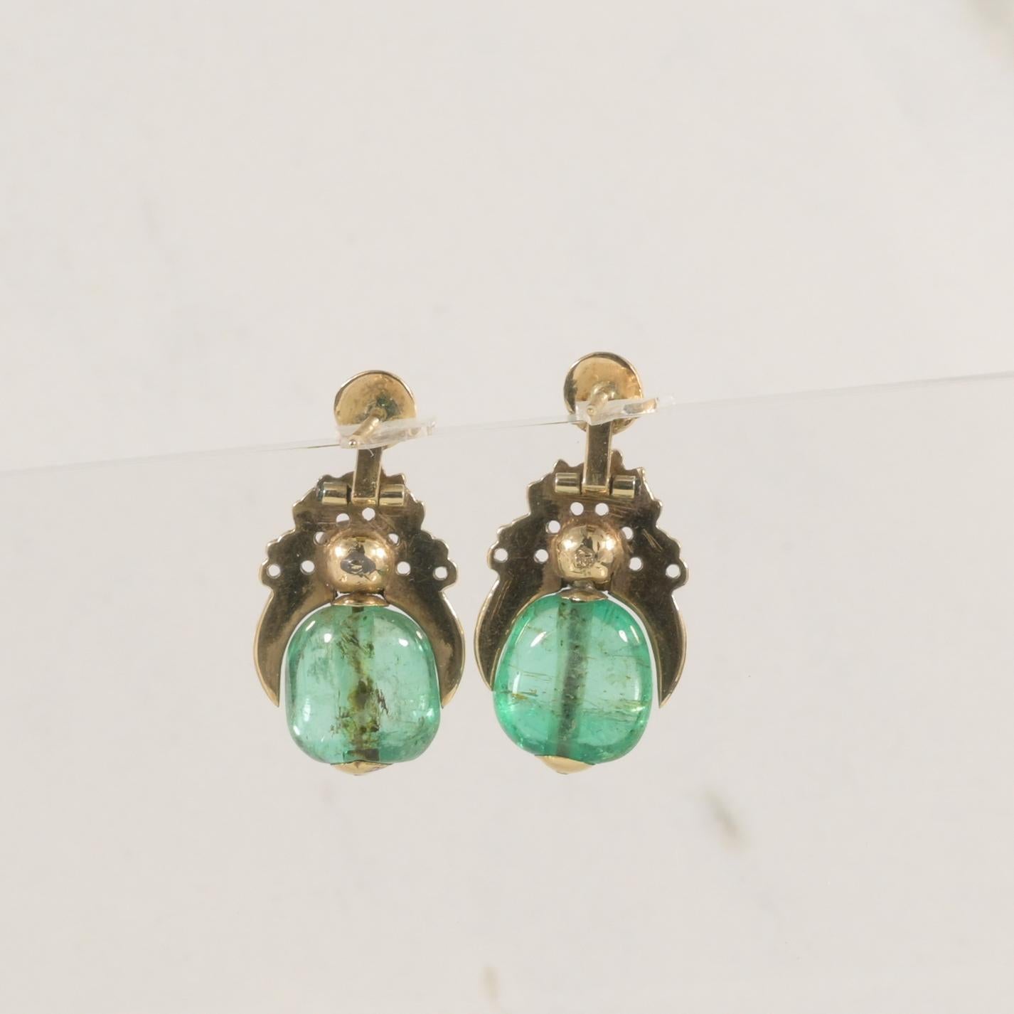 Antike geschliffene Smaragd-Cabochon-Ohrringe mit Rosenschliff-Diamanten 14K Gold Damen