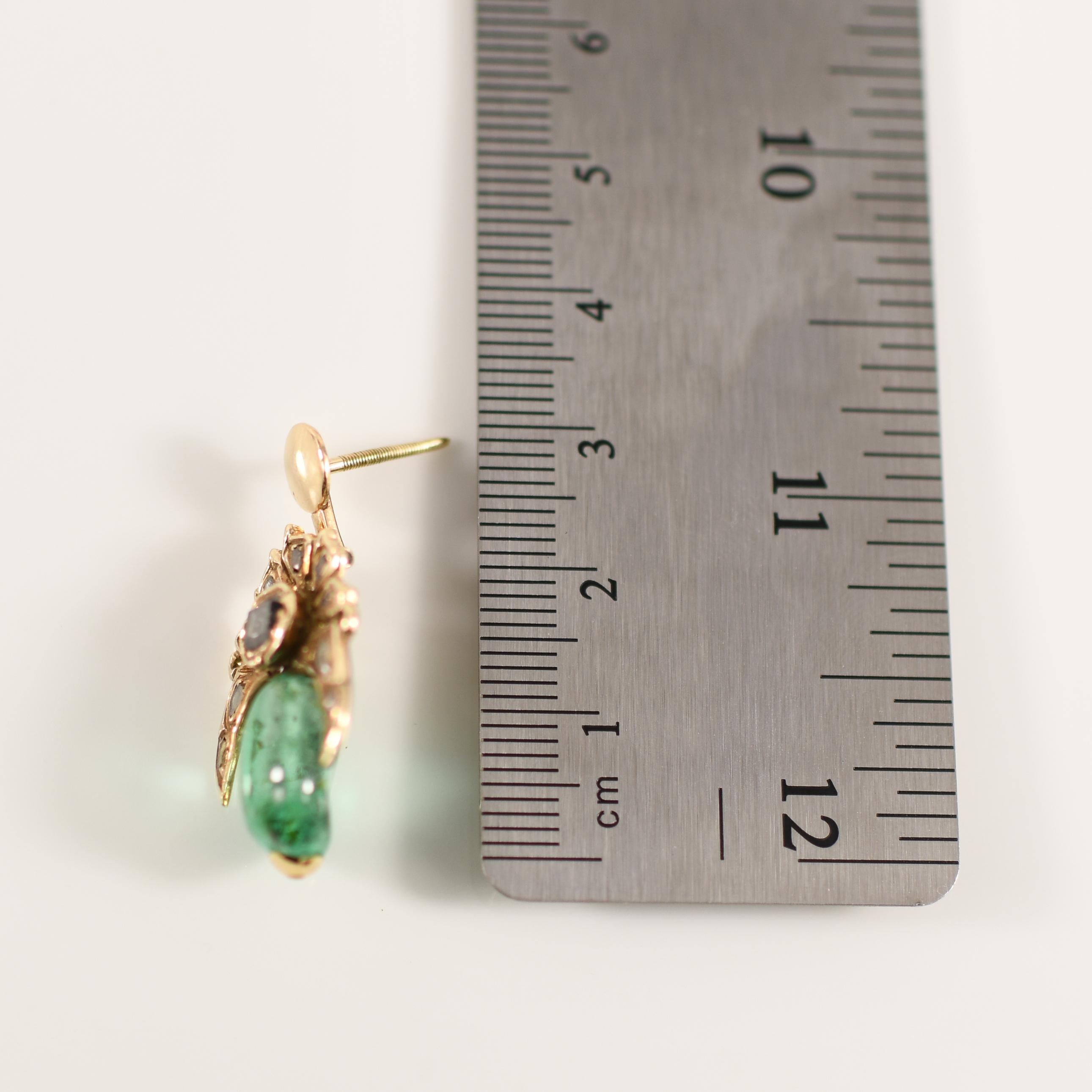 Antike geschliffene Smaragd-Cabochon-Ohrringe mit Rosenschliff-Diamanten 14K Gold 2