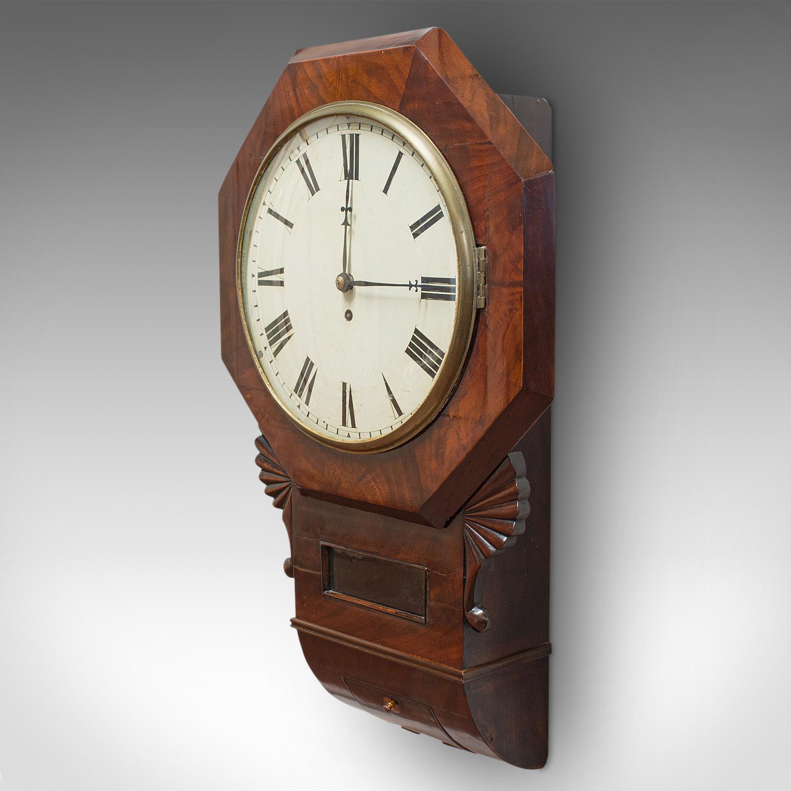 Our stock # 18.6442

This is an antique drop dial wall clock. An English, Victorian timepiece with fusee movement, dating to the Victorian period, circa 1870.

A delightful Victorian timepiece
Displays a desirable aged patina
Select walnut