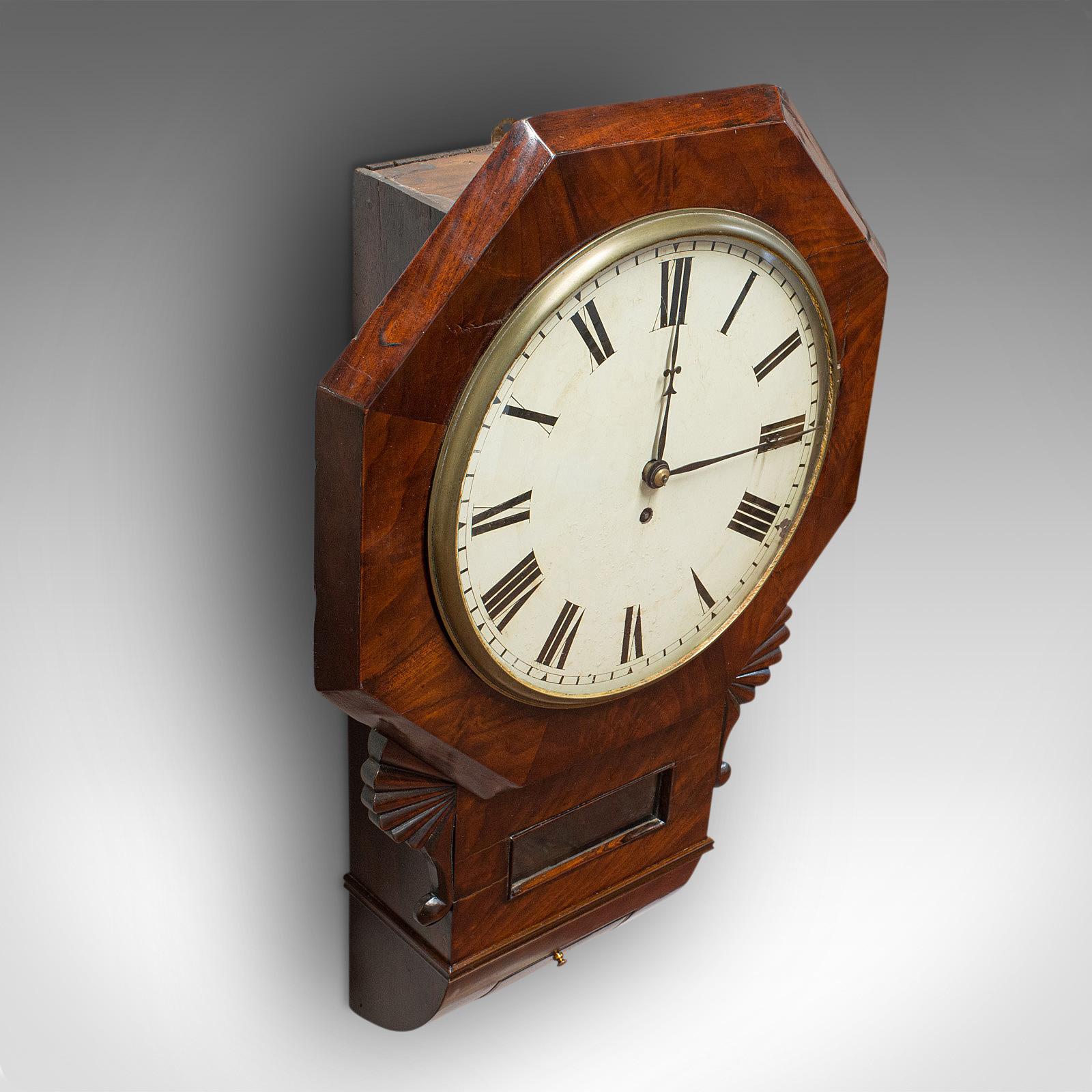 British Antique Drop Dial Wall Clock, English, Timepiece, Fusee, Victorian, circa 1870