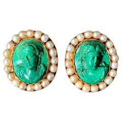Antique Drop Earrings Cameo Portrait Busts Cameo Malachite Oriental Pearls Gold
