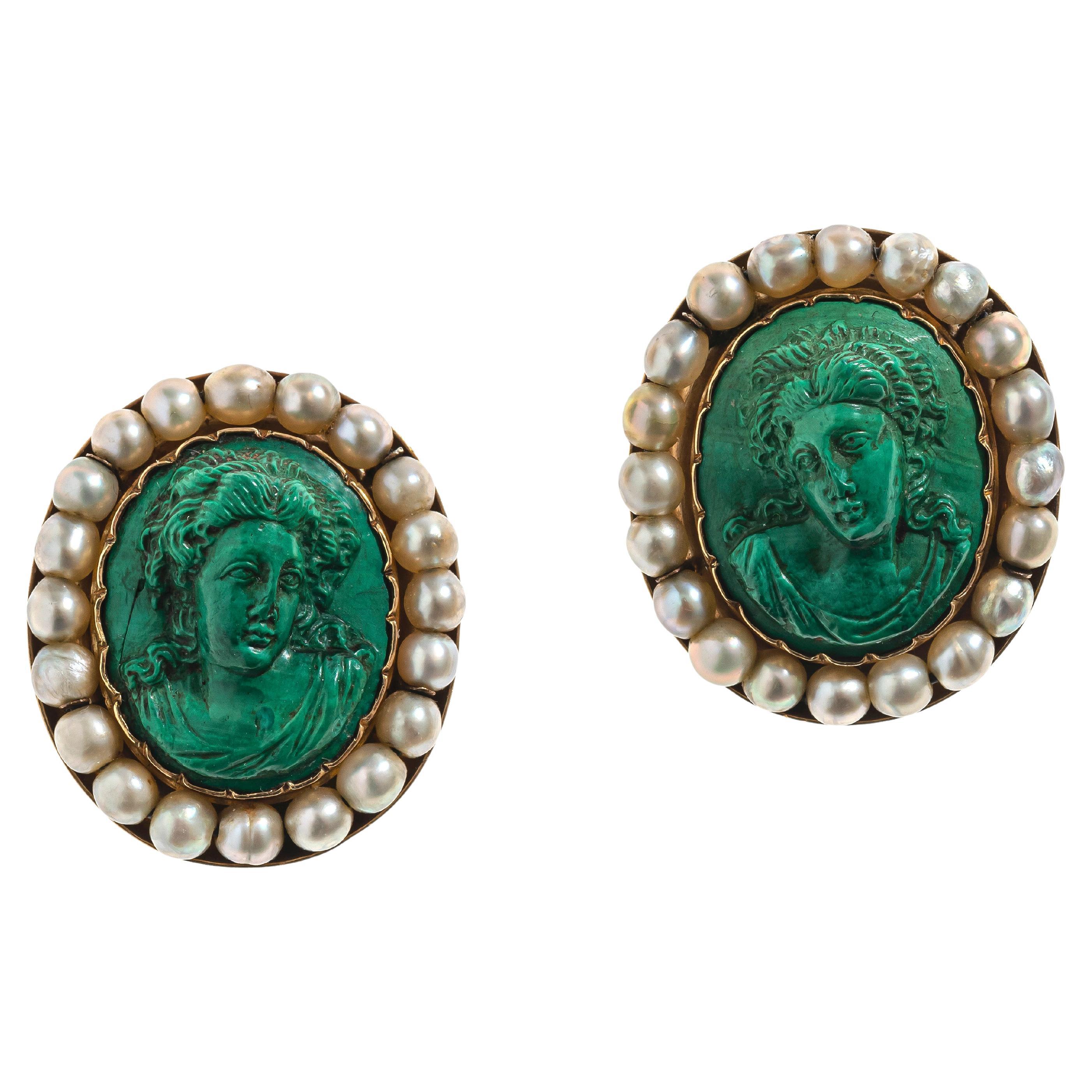 Antique Drop Earrings Cameo Portrait Busts Cameo Malachite Oriental Pearls Gold