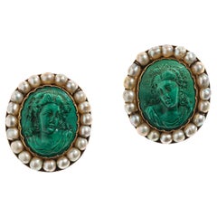 Antique Drop Earrings Cameo Portrait Busts Cameo Malachite Oriental Pearls Gold