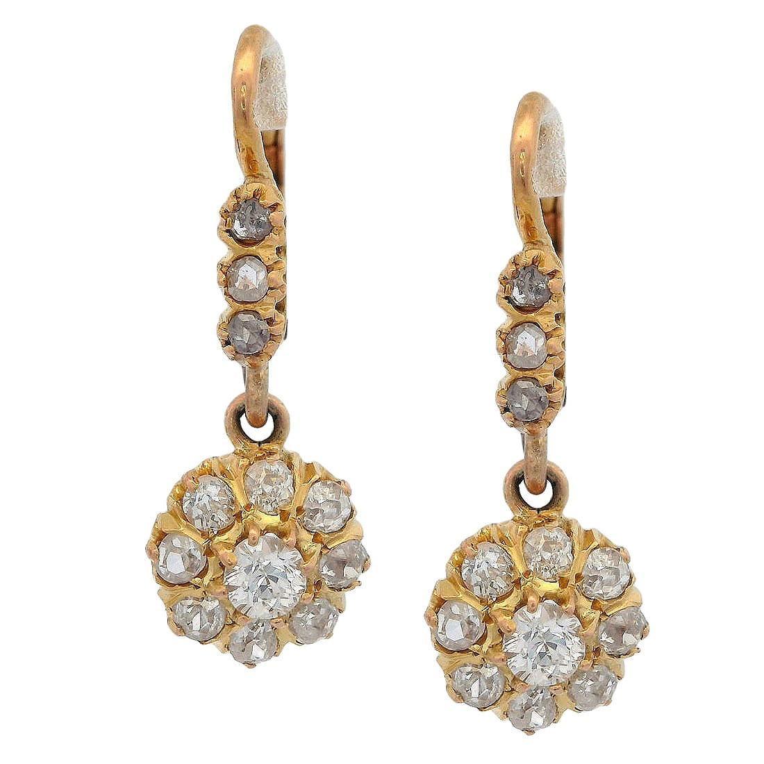 Antique Drop Earrings in 18kt Gold with Diamonds Talla antigua en venta